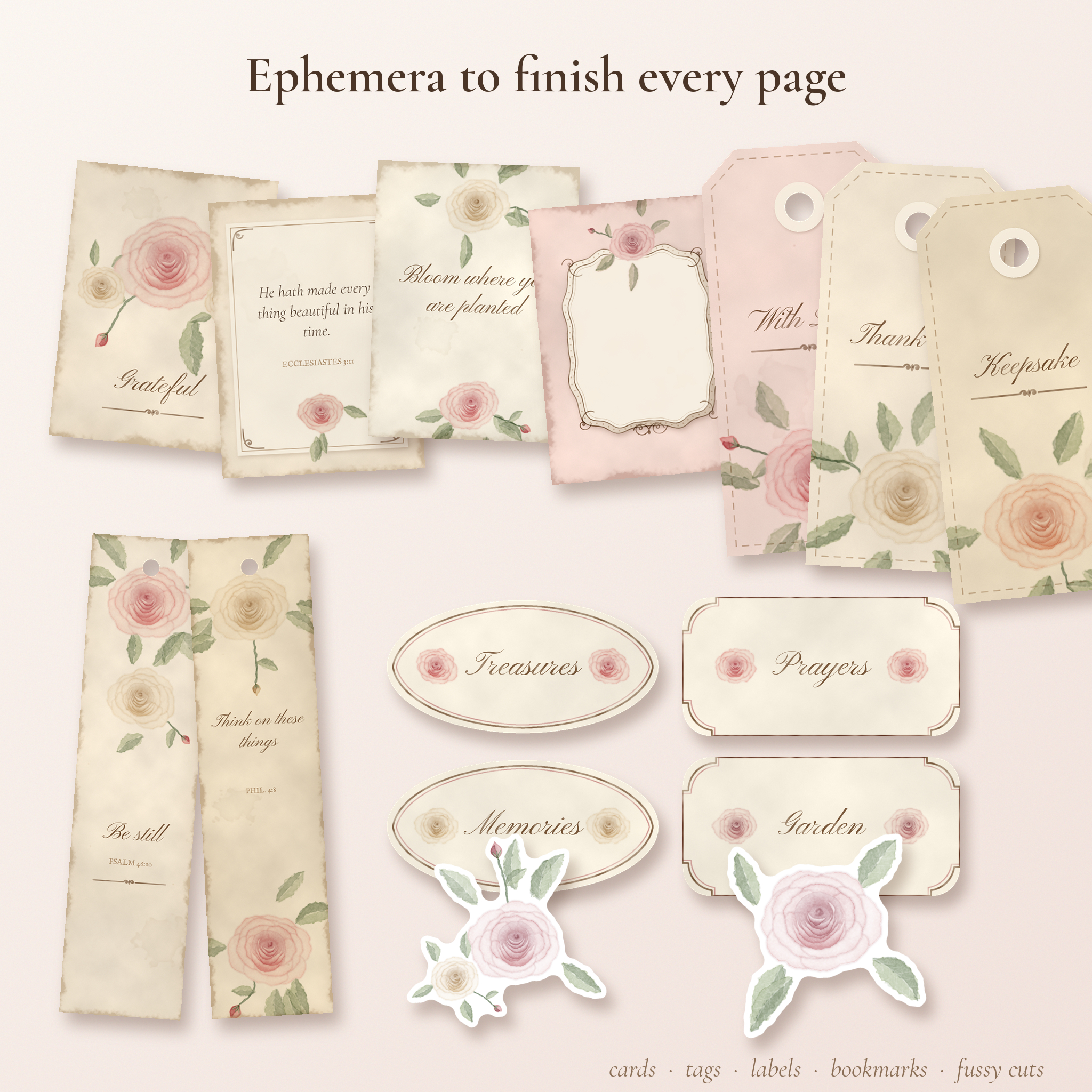Rosewater Keepsake junk journal ephemera: journaling cards, gift tags, labels, bookmarks and fussy cut roses
