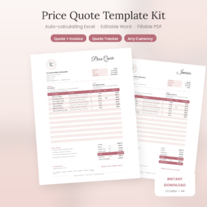 Rosewater price quote template kit with auto-calculating Excel quote and matching invoice