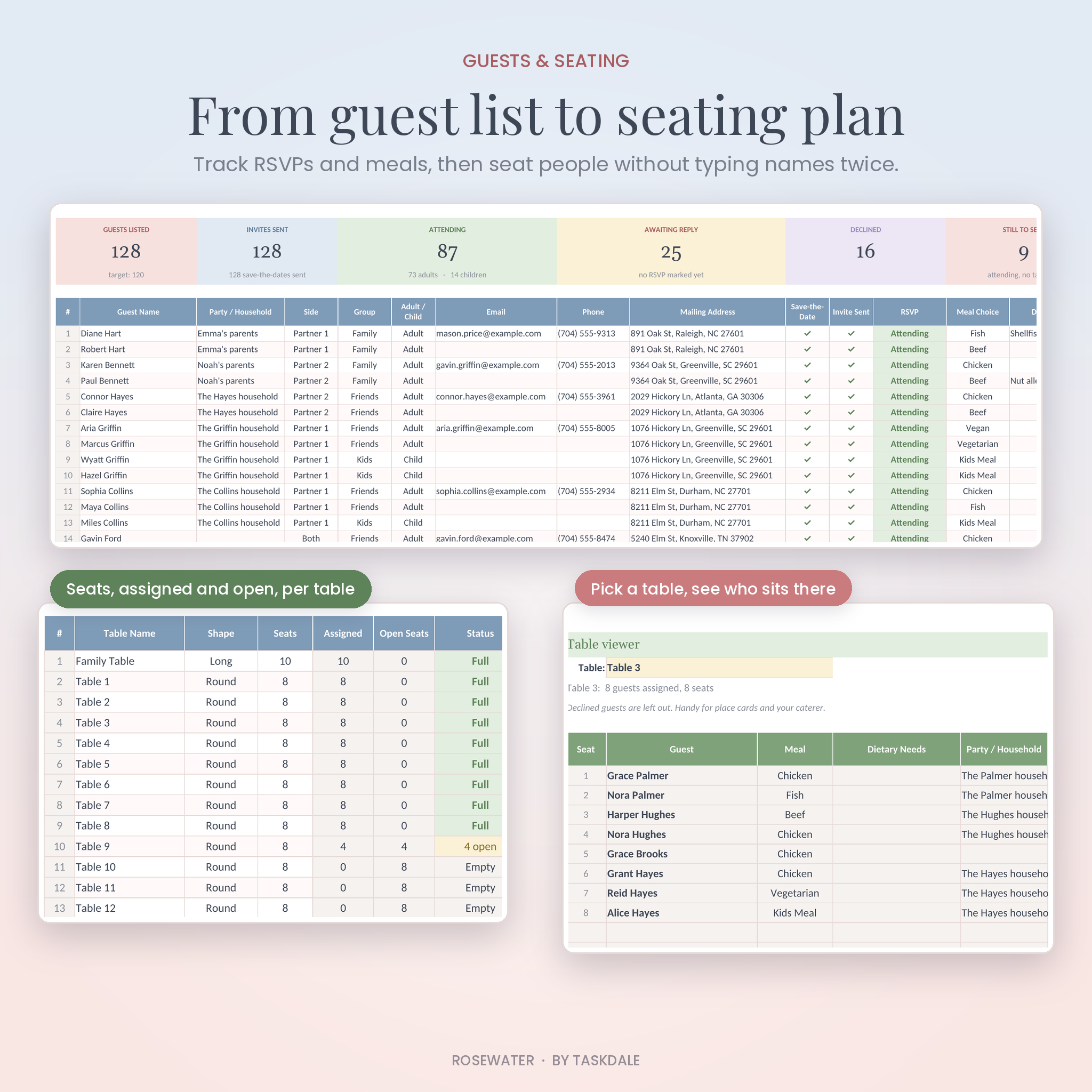 Wedding guest list with RSVPs and seating chart table viewer