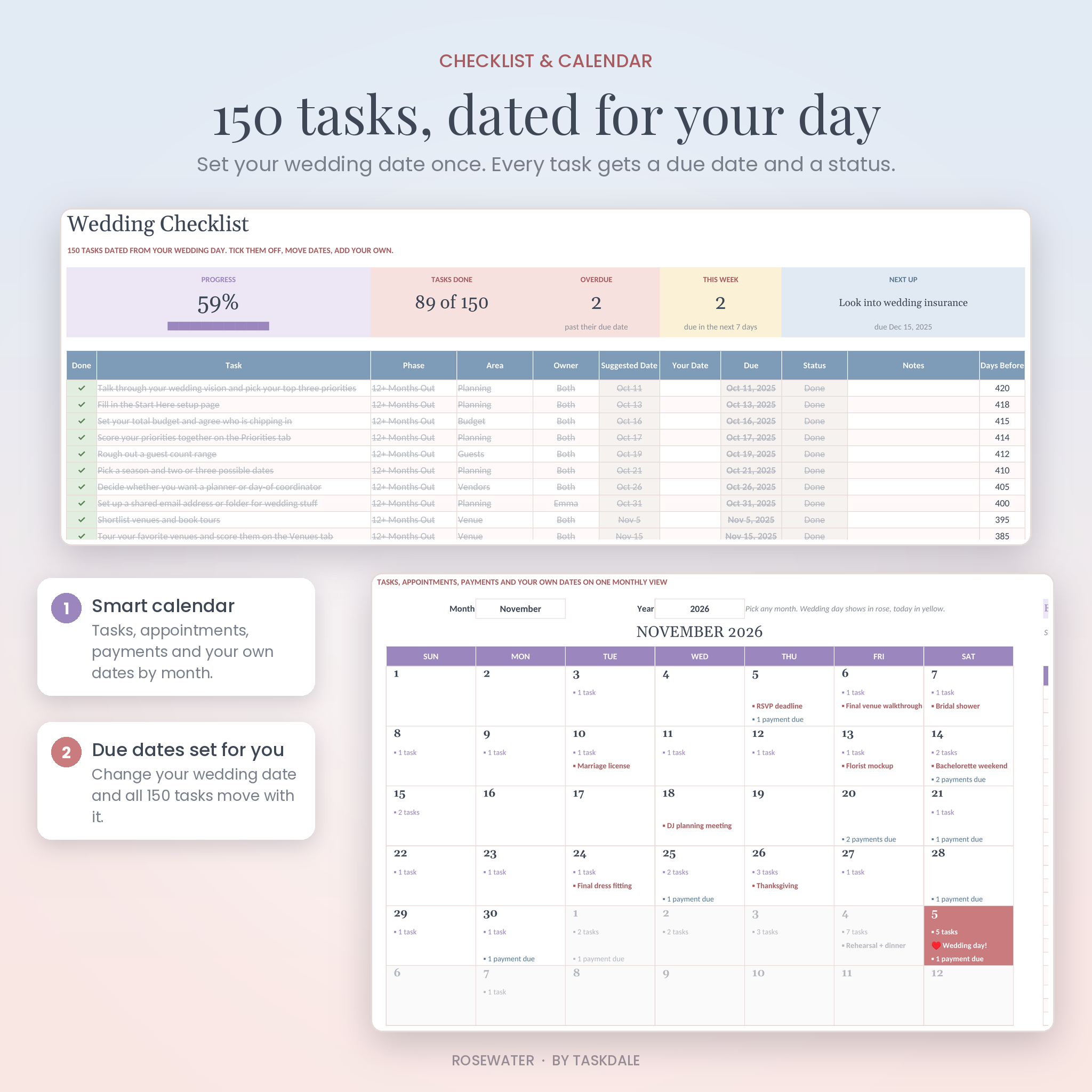 Wedding checklist with 150 dated tasks and a monthly calendar