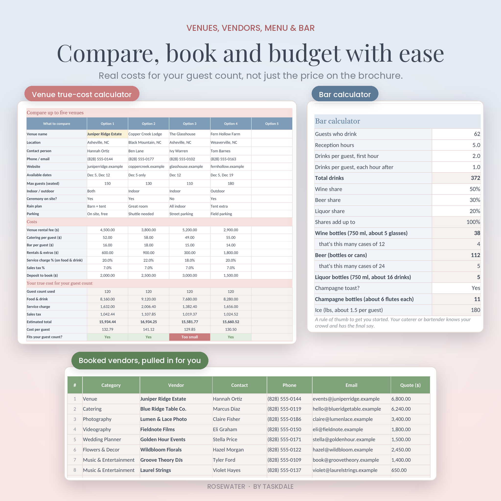 Venue cost comparison, bar calculator and booked vendor contacts