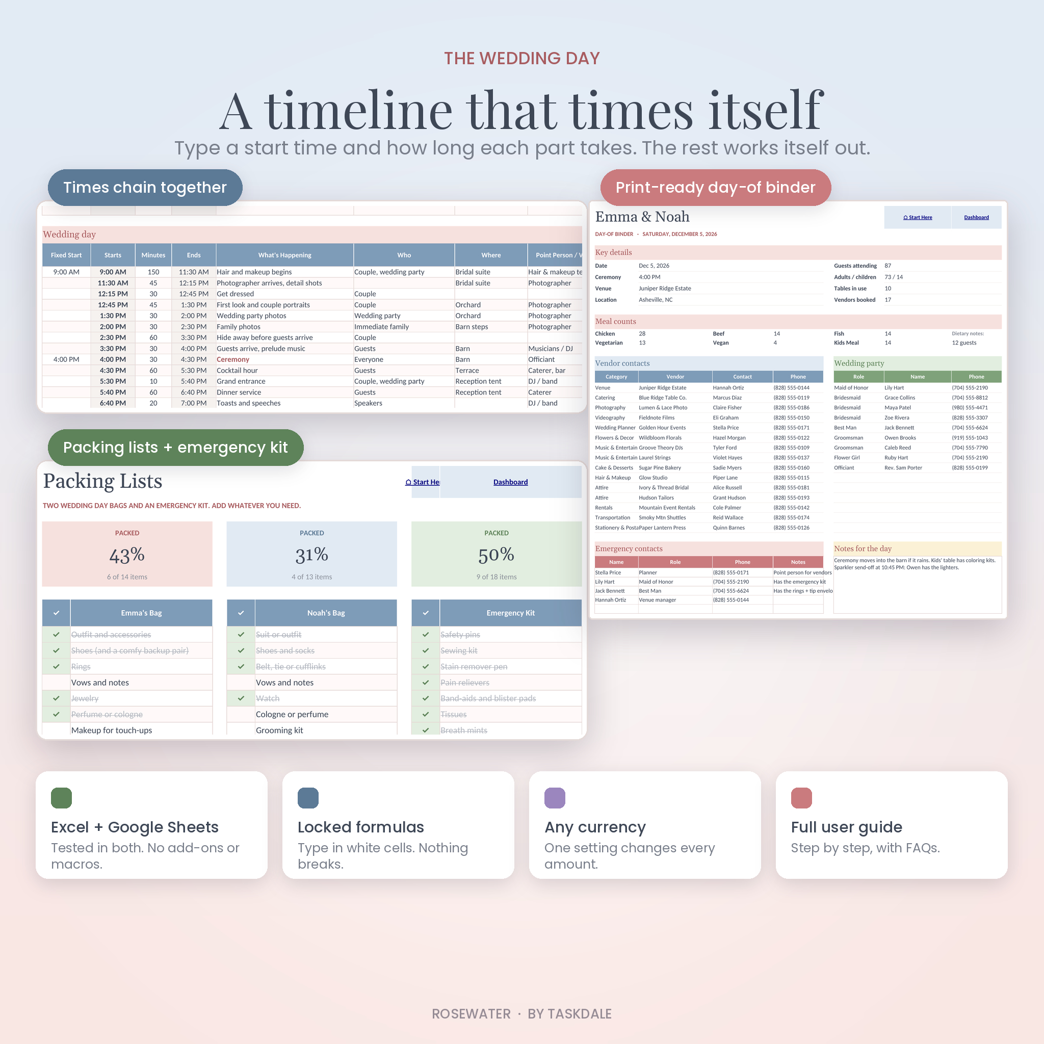 Wedding day timeline, packing lists and printable day-of binder
