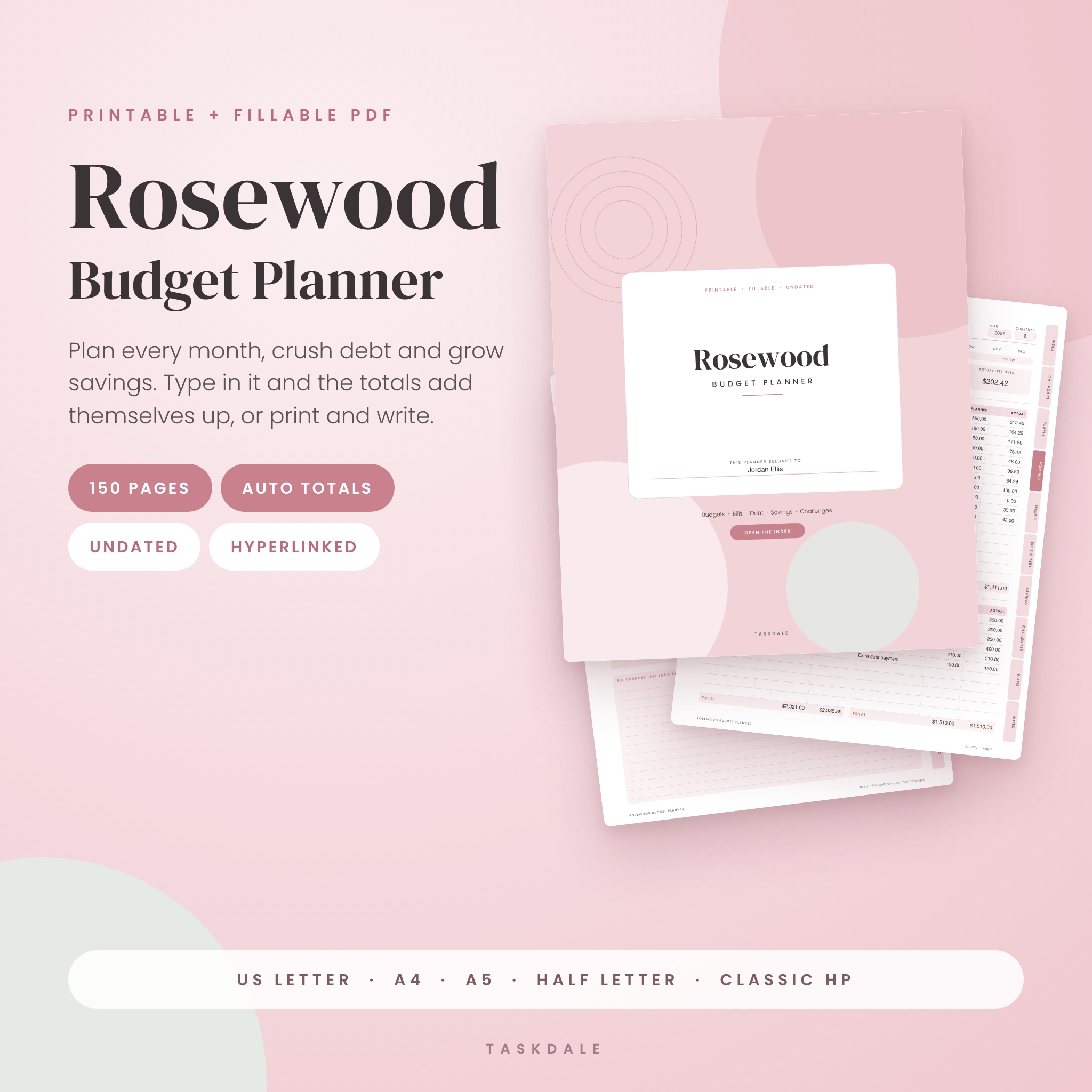 Rosewood printable and fillable budget planner bundle cover and pages