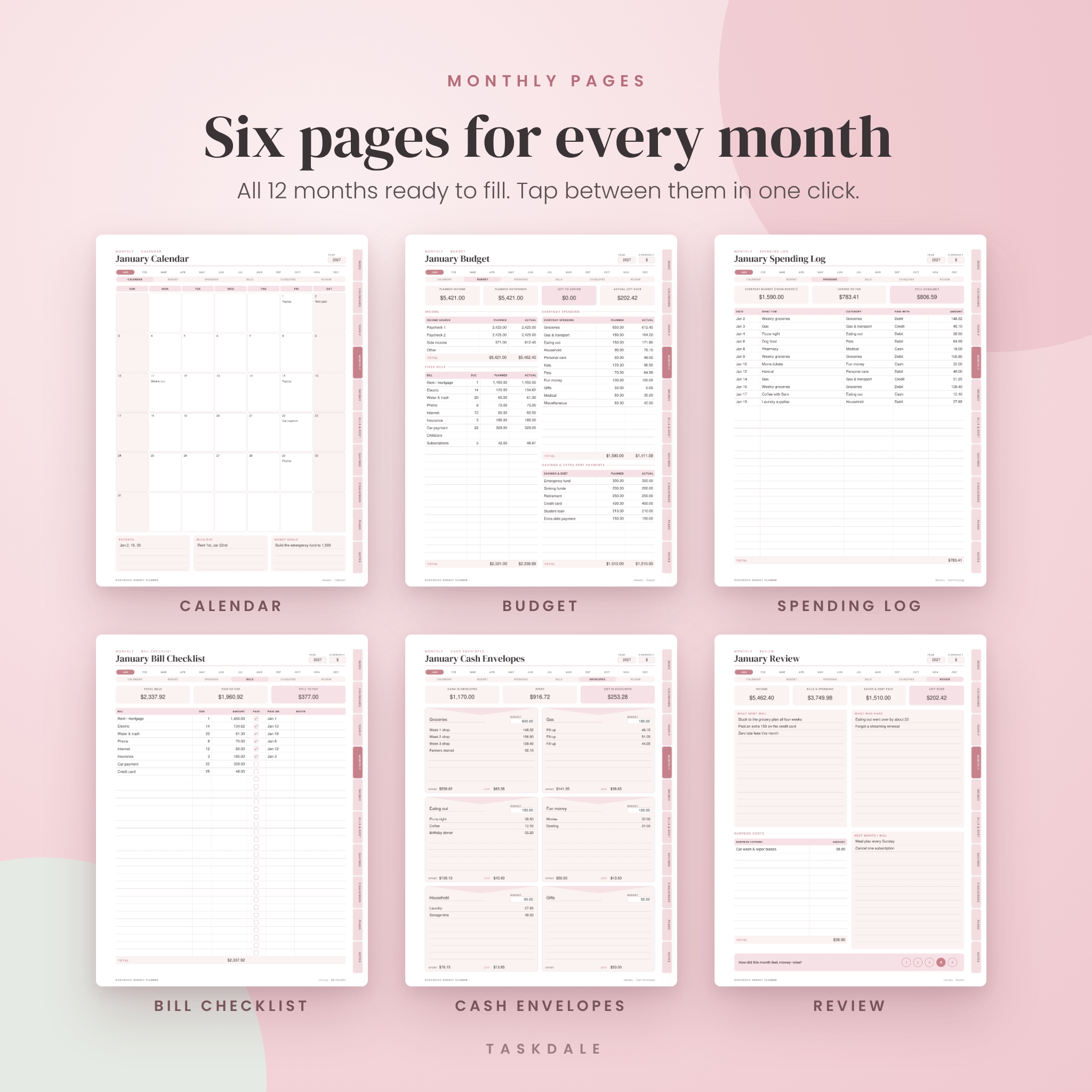 Six monthly pages: calendar, budget, spending log, bill checklist, cash envelopes, review