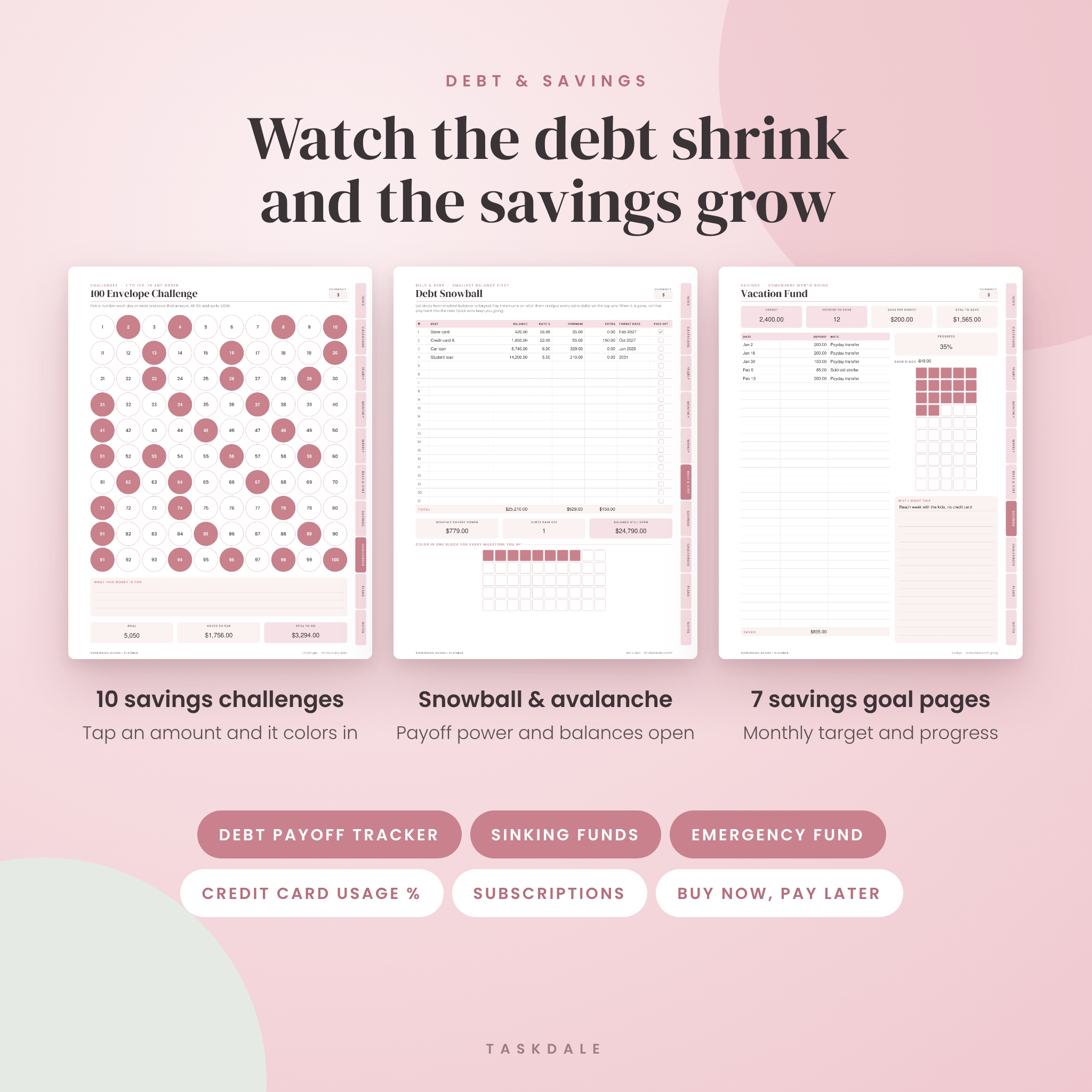 Debt snowball tracker, savings challenges and savings goal pages