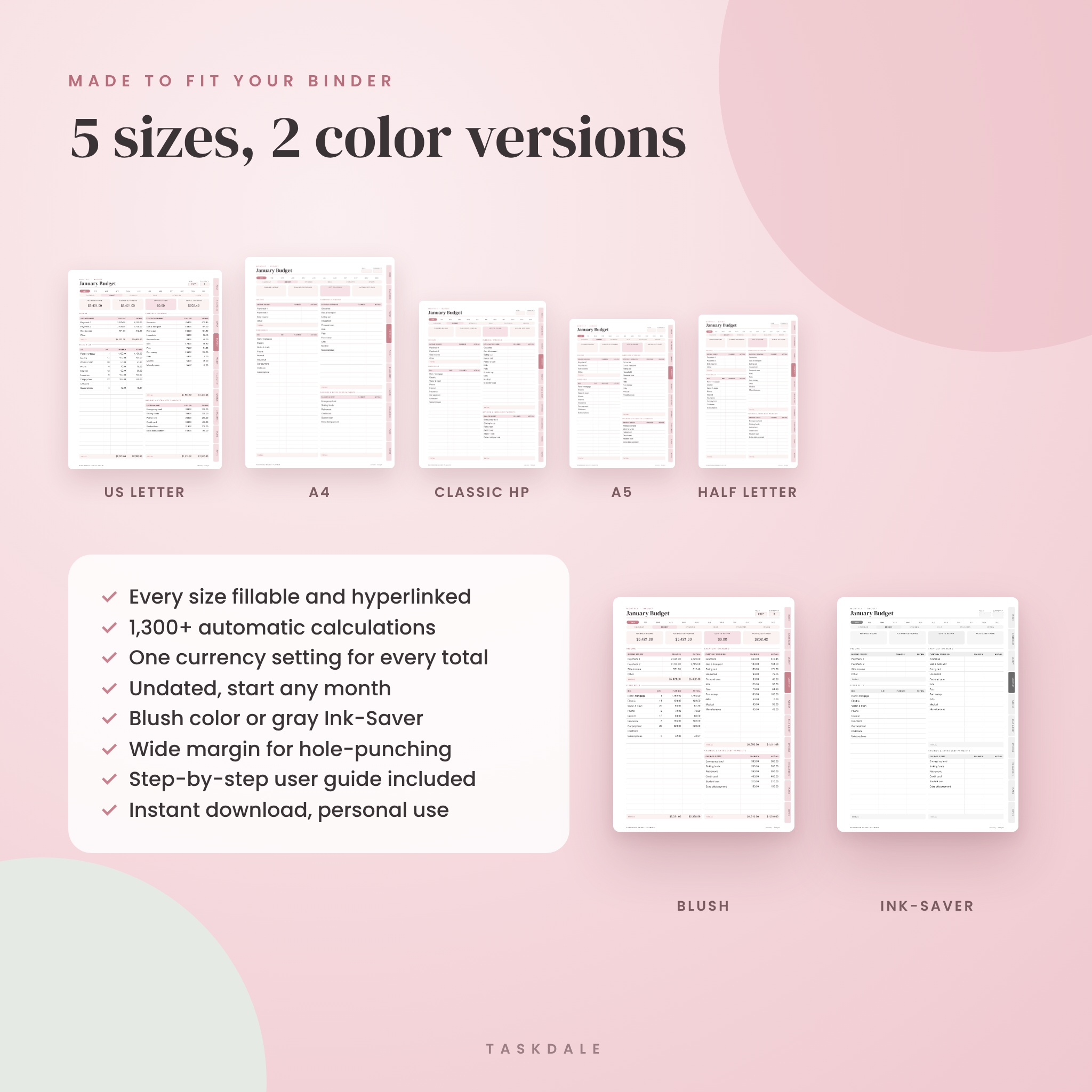Budget planner sizes US Letter, A4, A5, Half Letter, Classic HP in color and ink saver