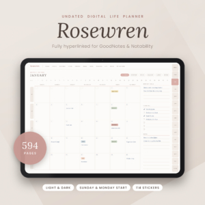 Rosewren undated digital life planner on iPad showing the hyperlinked monthly calendar