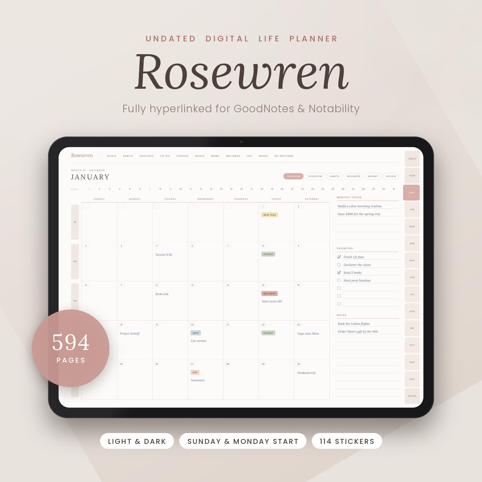Rosewren undated digital life planner on iPad showing the hyperlinked monthly calendar