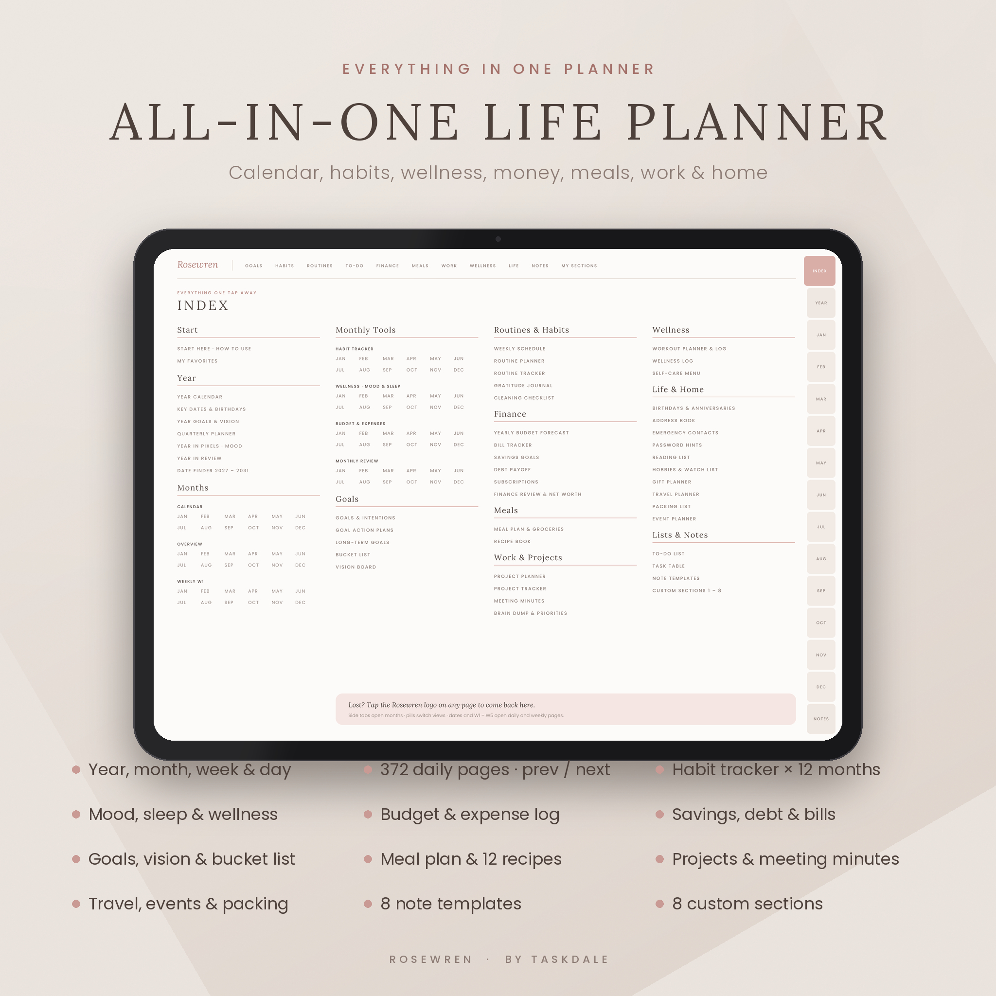 All-in-one digital life planner index with hyperlinked sections