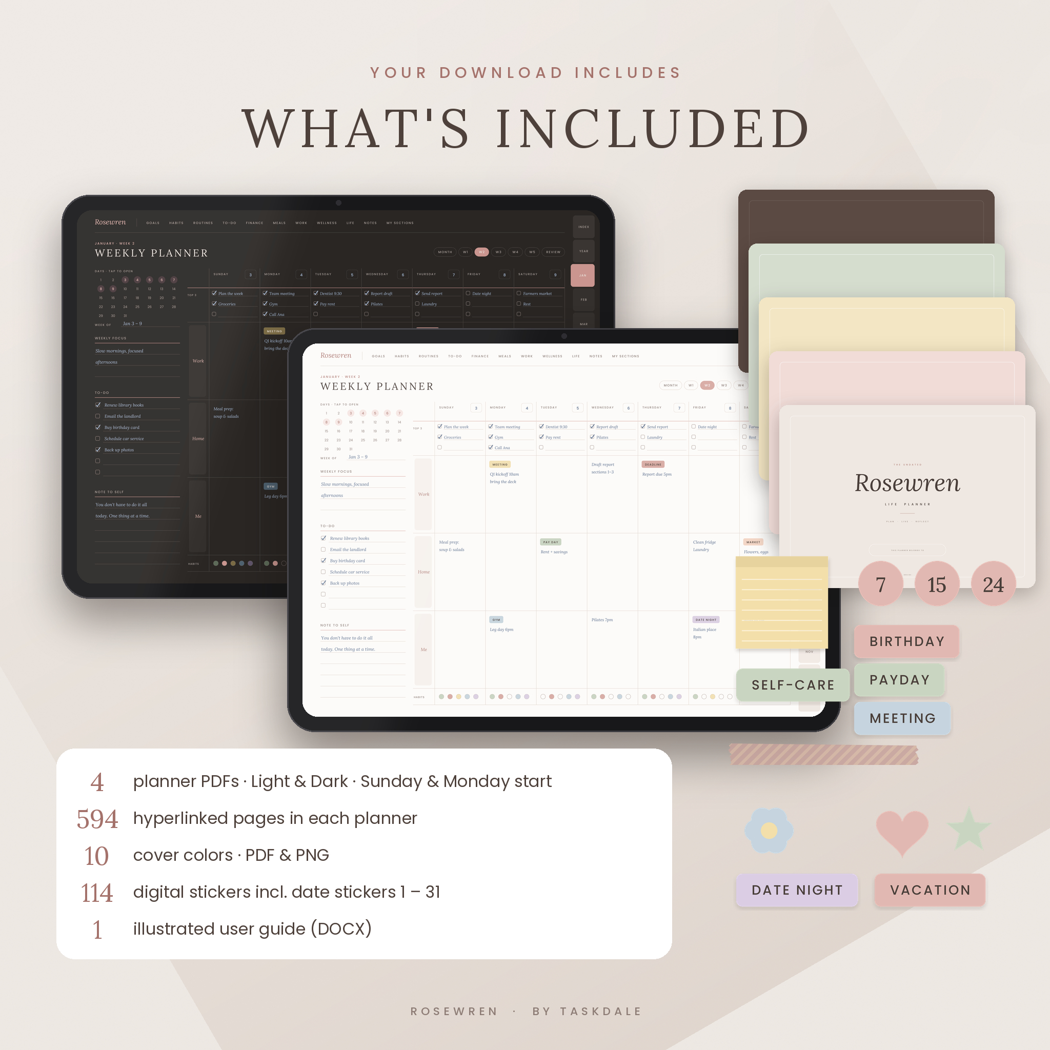 What is included: 4 planner editions, 10 covers, 114 digital stickers and user guide