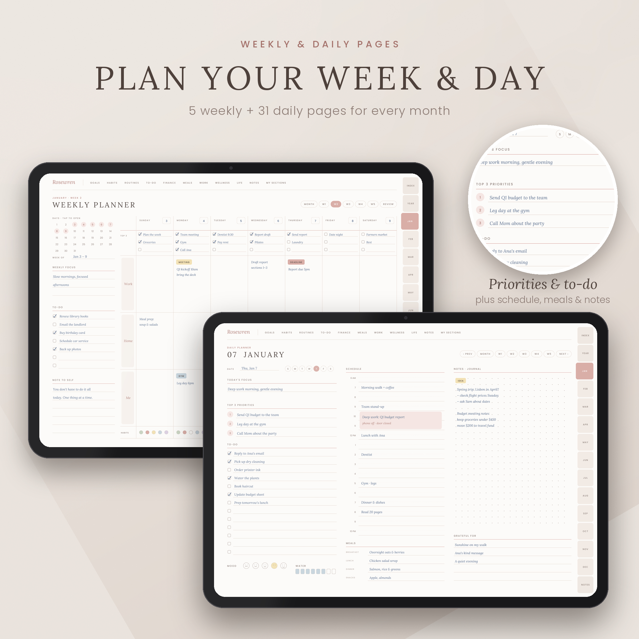 Weekly and daily planner pages in the Rosewren undated digital planner