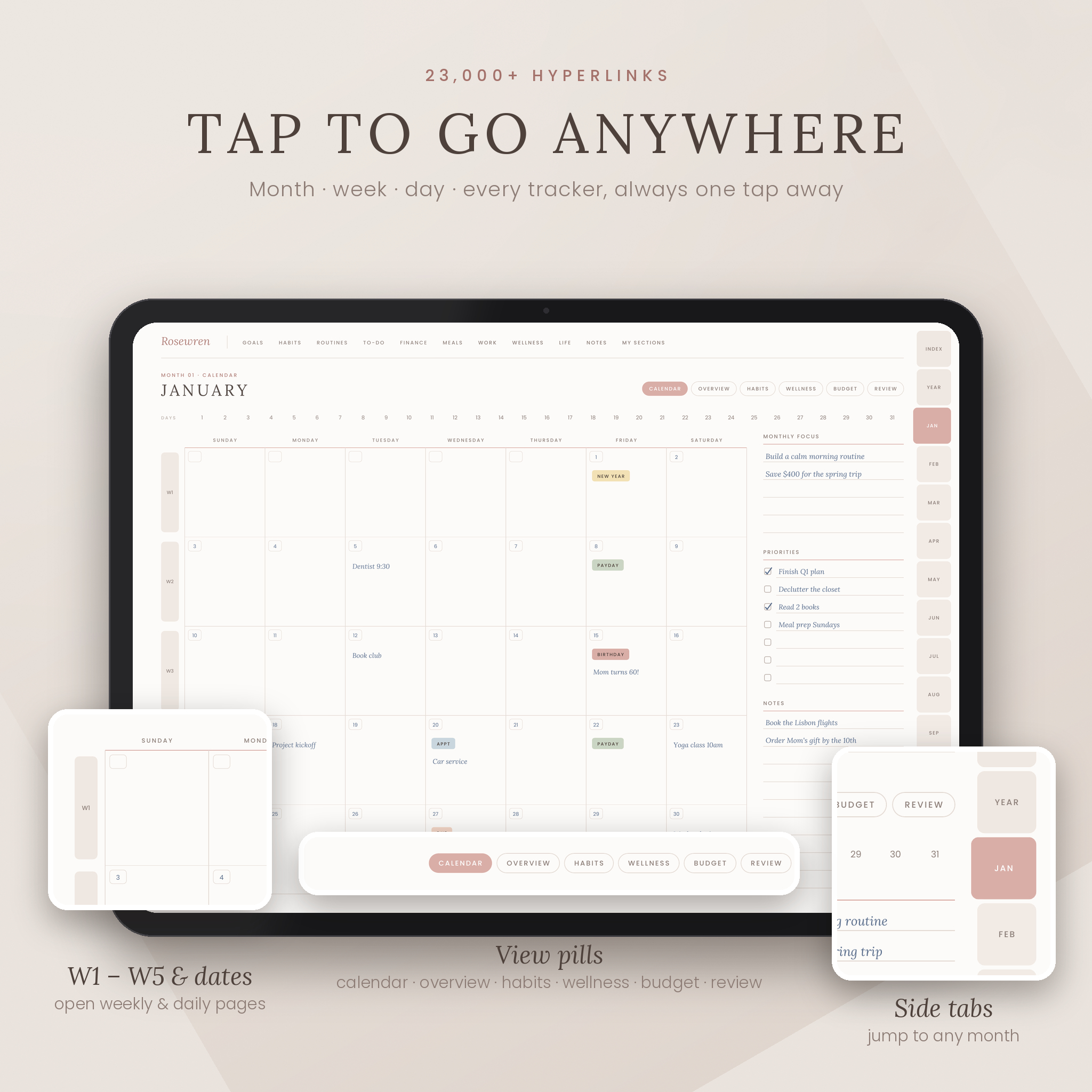 Hyperlinked navigation with side tabs, view pills and week links