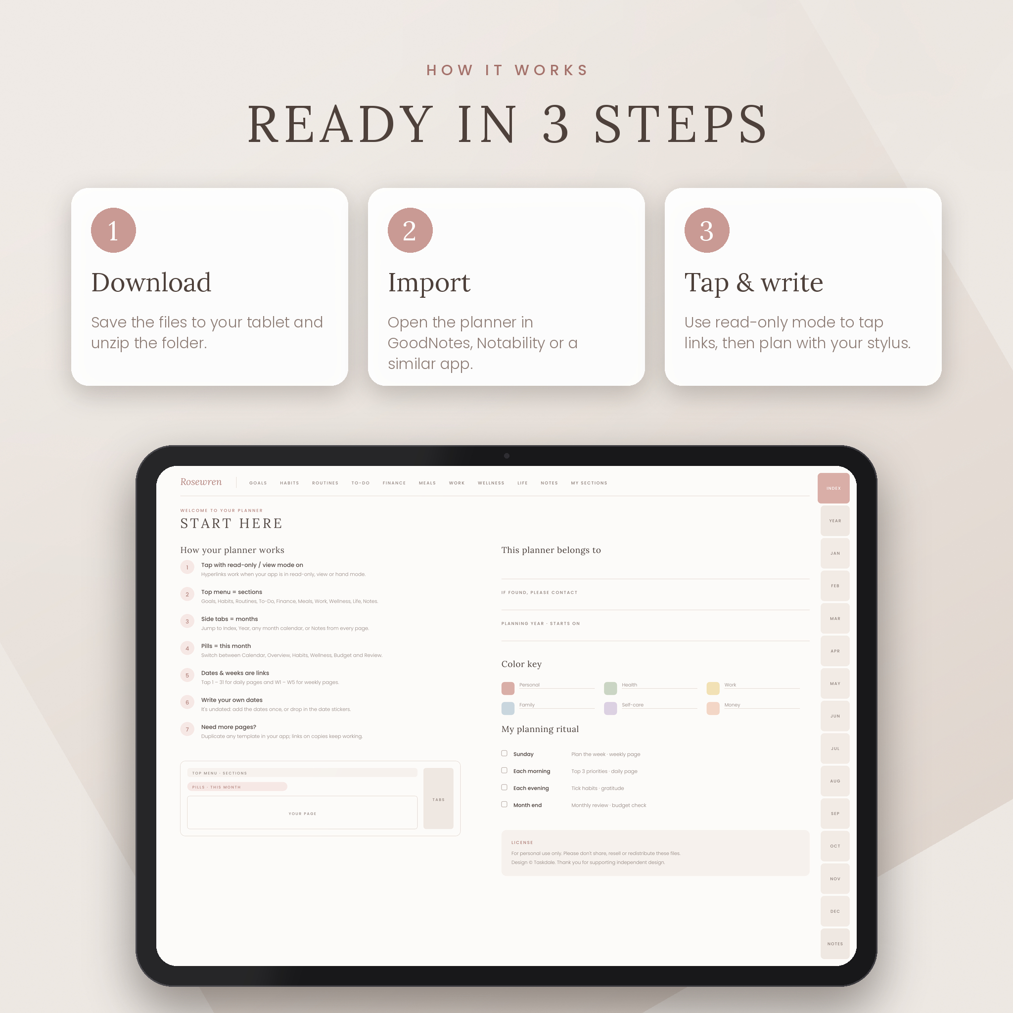 How the digital planner works in 3 steps with GoodNotes or Notability