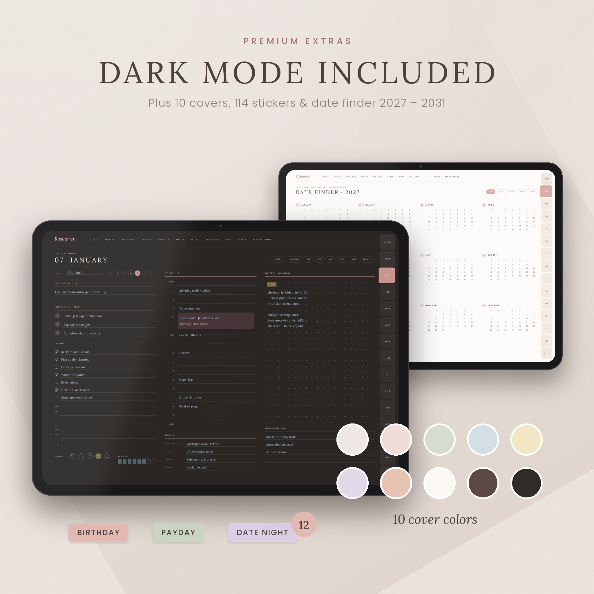 Dark mode digital planner, cover colors and date finder 2027 to 2031