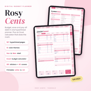 Rosy Cents digital budget planner on iPad with January budget page and index