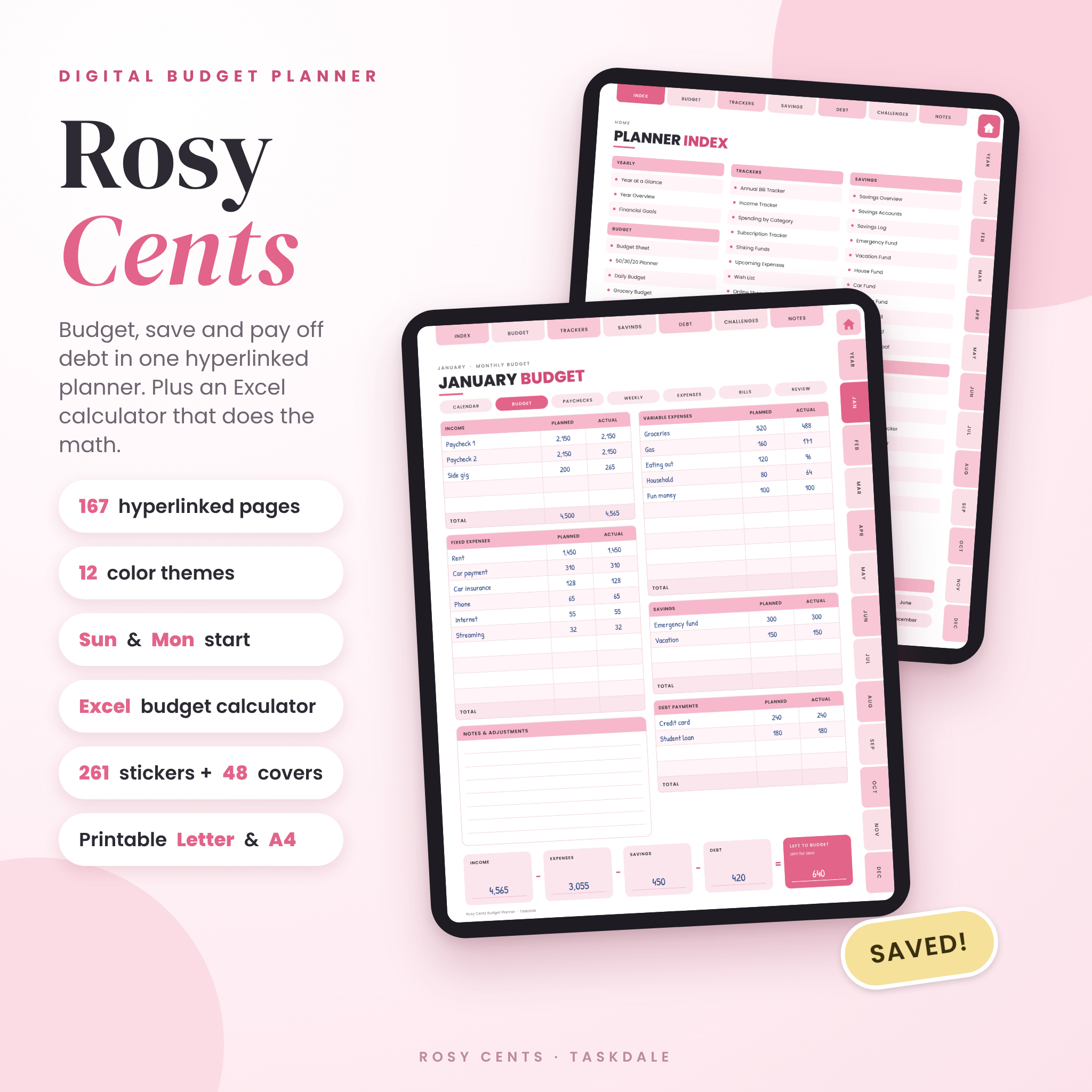 Rosy Cents digital budget planner on iPad with January budget page and index