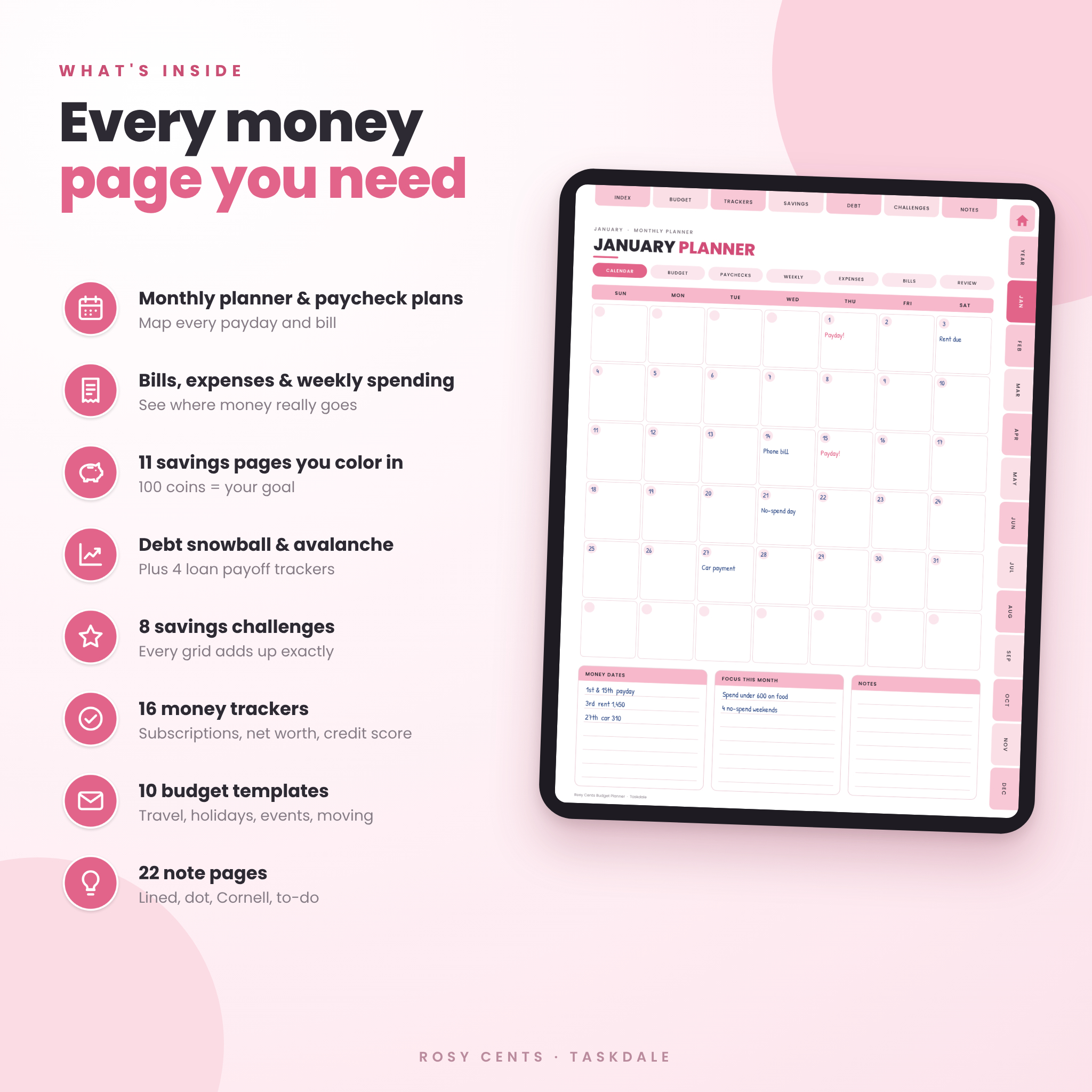 Digital budget planner features: monthly planner, bills, savings, debt and challenges