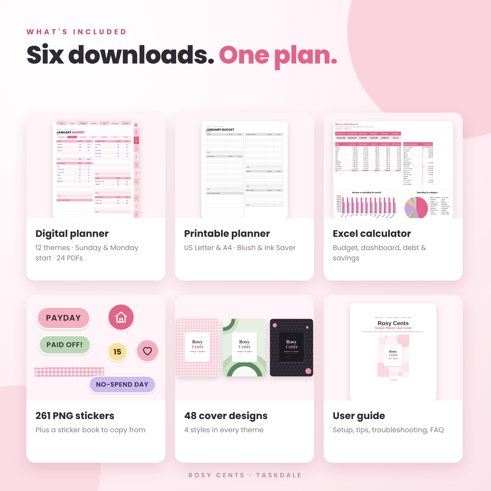 What's included: digital planner, printable planner, Excel calculator, stickers, covers and user guide