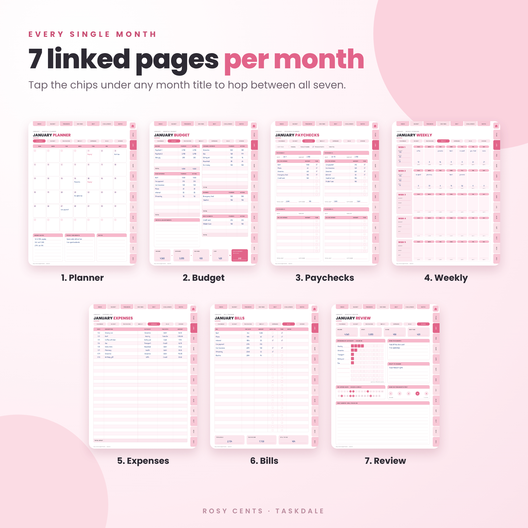 Seven linked monthly pages: planner, budget, paychecks, weekly, expenses, bills and review