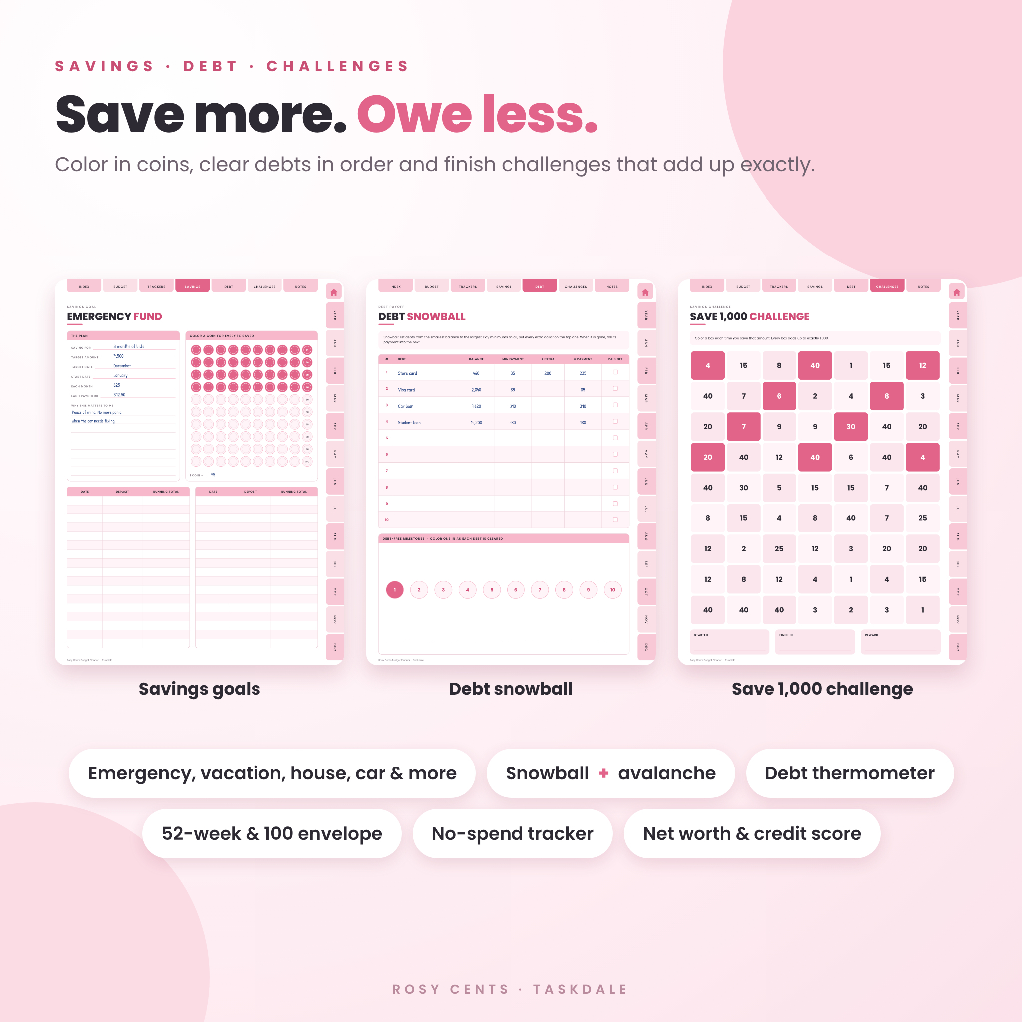Savings goal coin tracker, debt snowball and save 1,000 challenge pages