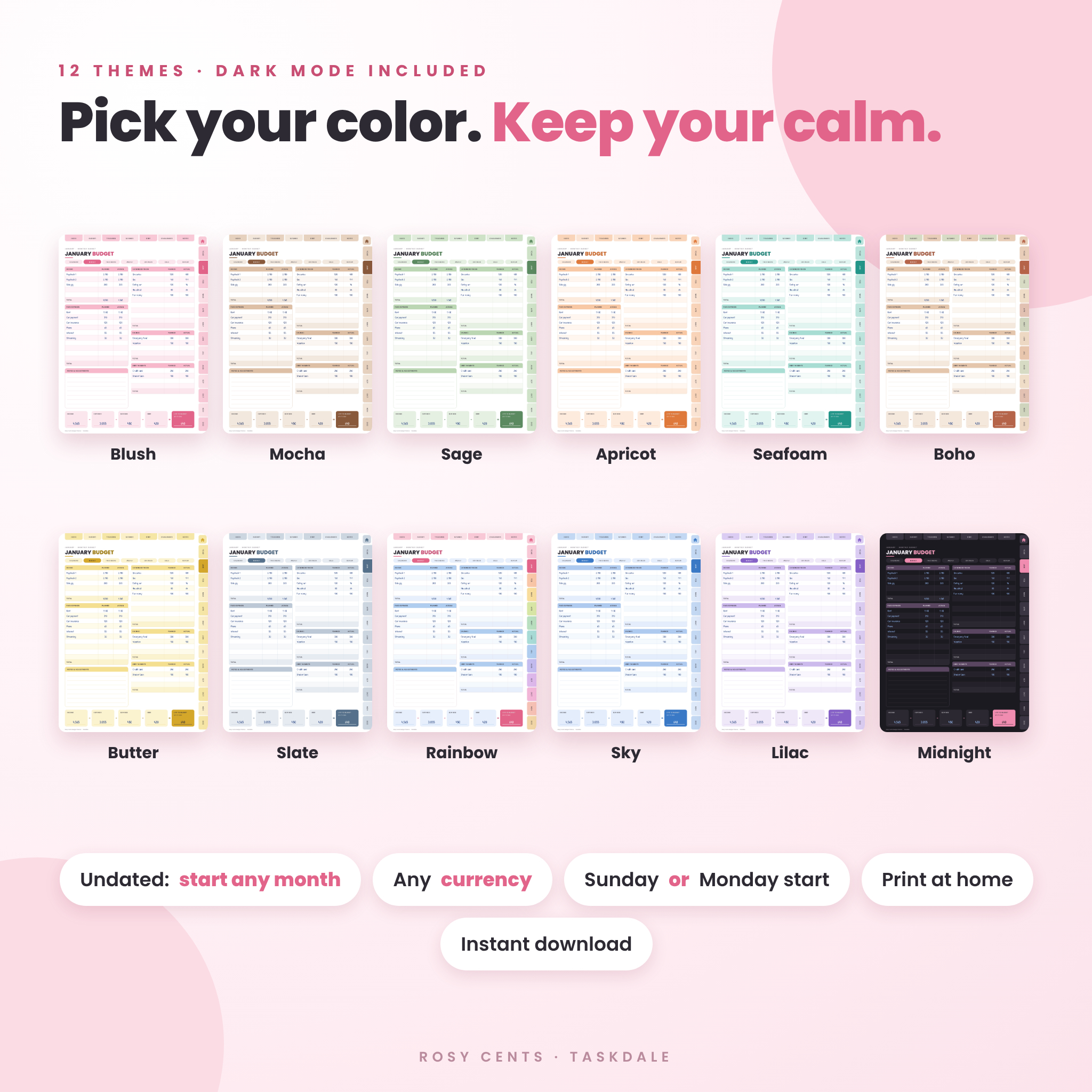 Twelve color themes for the budget planner including dark mode