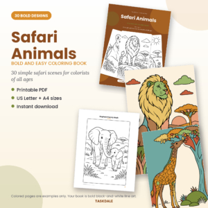 Safari Animals printable coloring book with 30 bold and easy designs