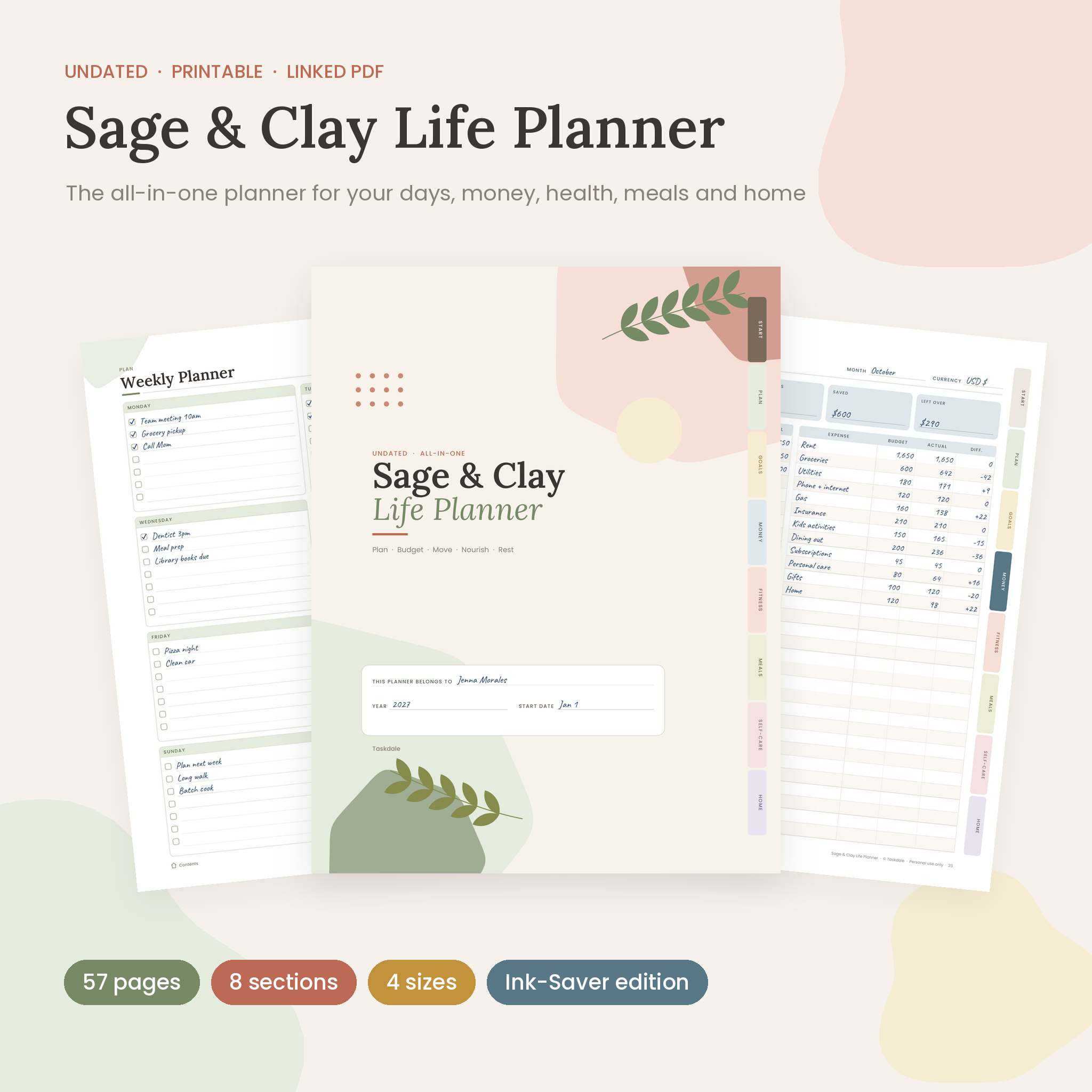 Sage and Clay undated printable life planner bundle with cover, weekly planner and budget pages