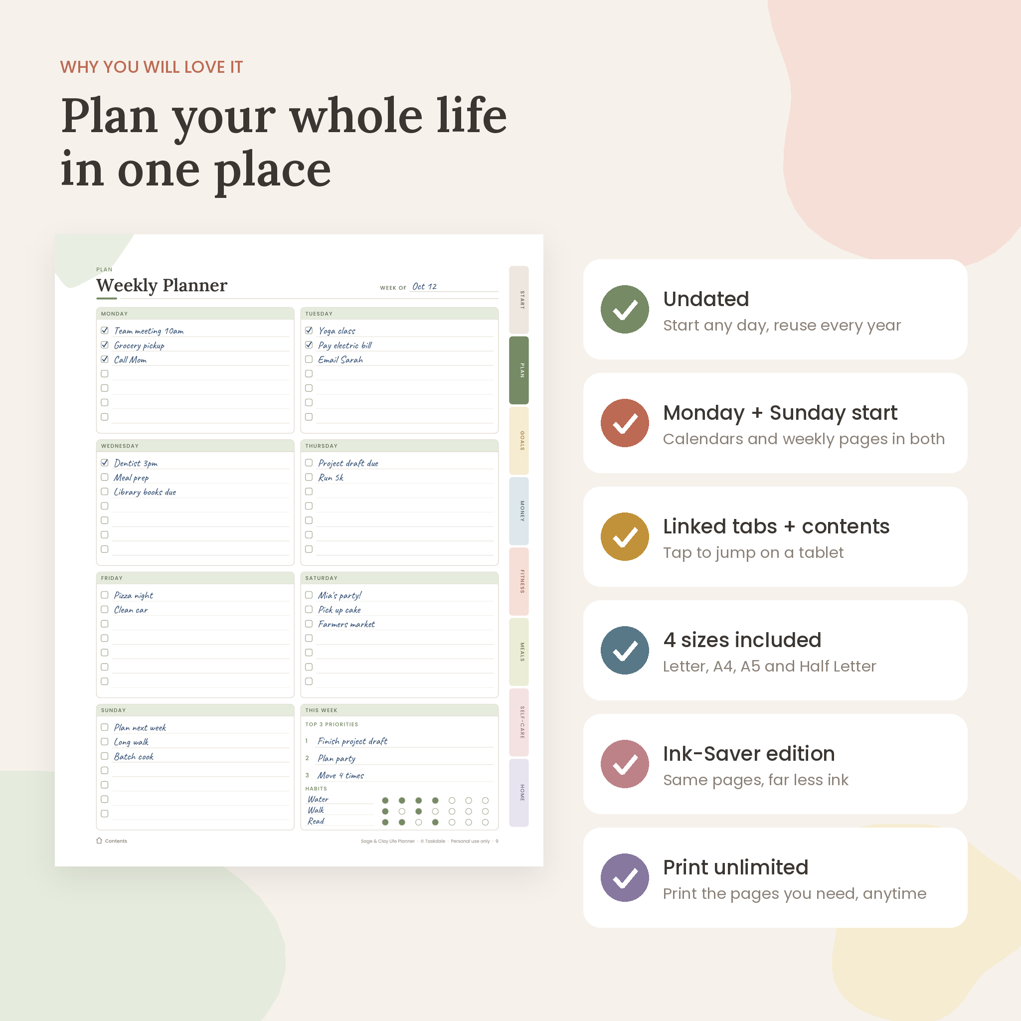 Printable life planner features: undated, Monday and Sunday start, linked tabs, four sizes, ink-saver edition