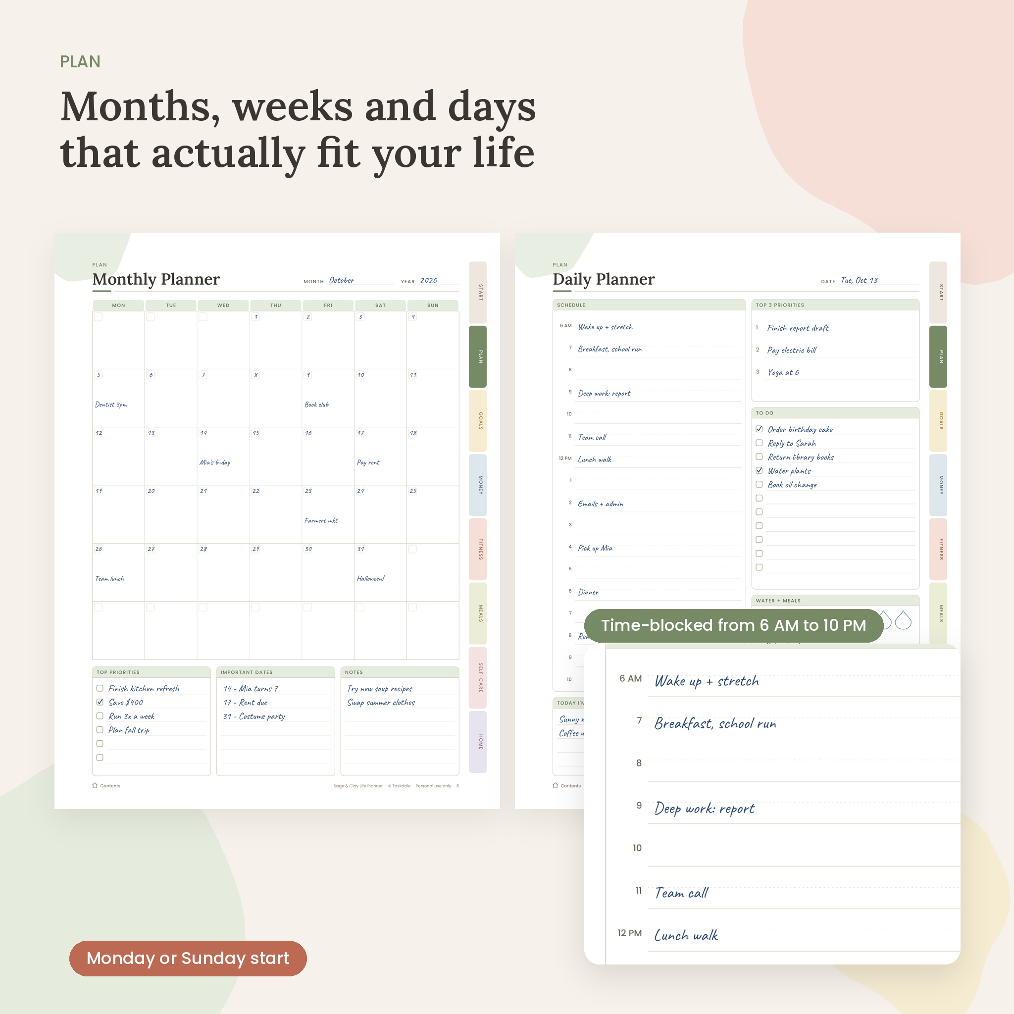 Printable monthly planner and time-blocked daily planner pages