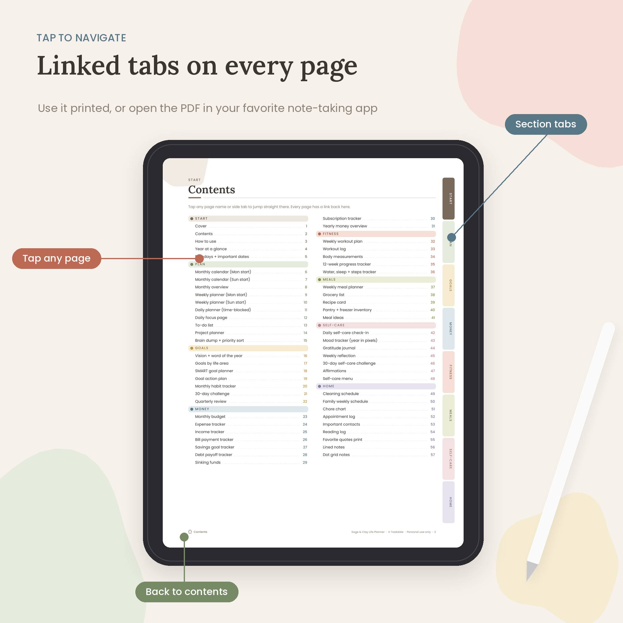 Hyperlinked life planner PDF on a tablet with linked contents page and section tabs