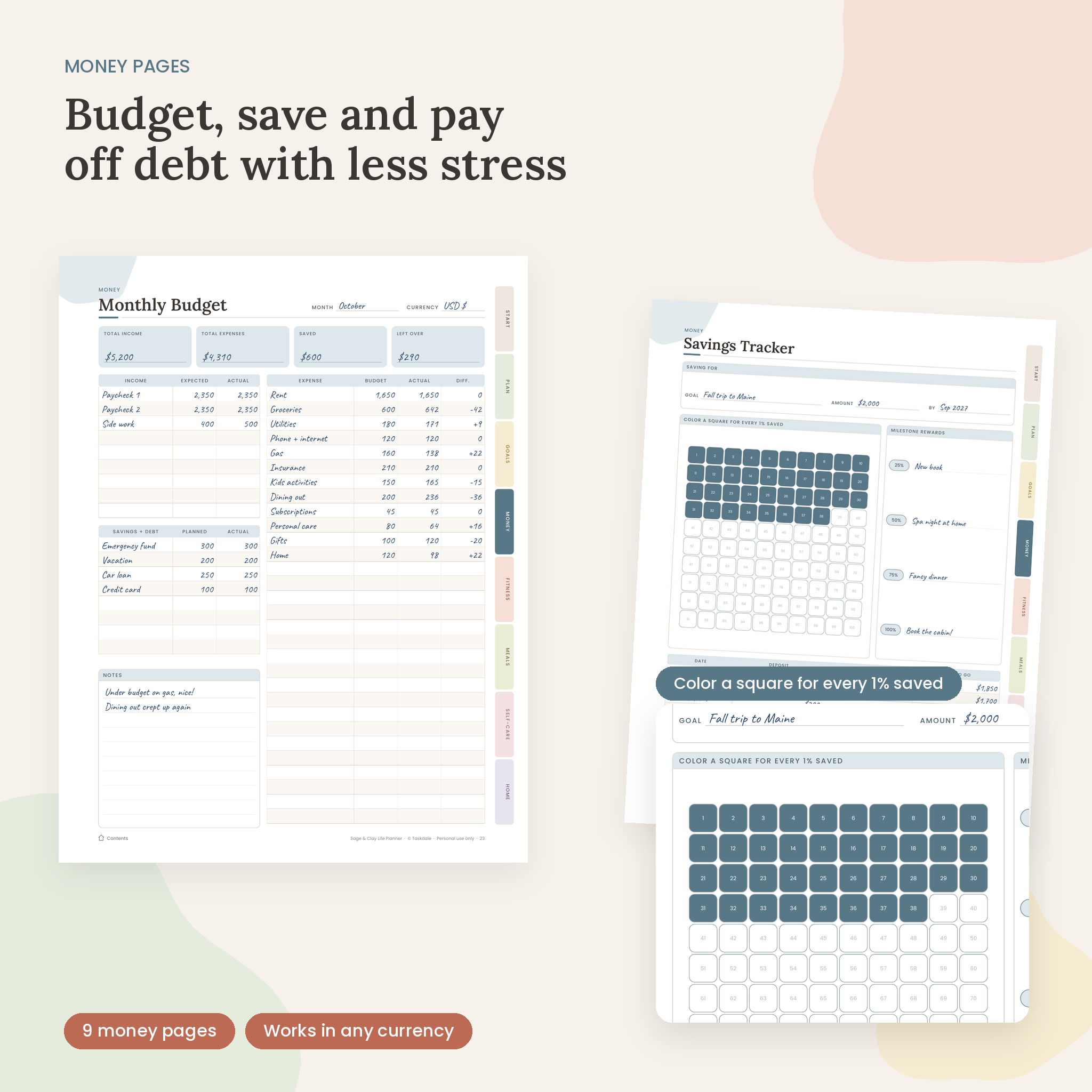 Printable budget planner and savings tracker pages with 100-square savings chart