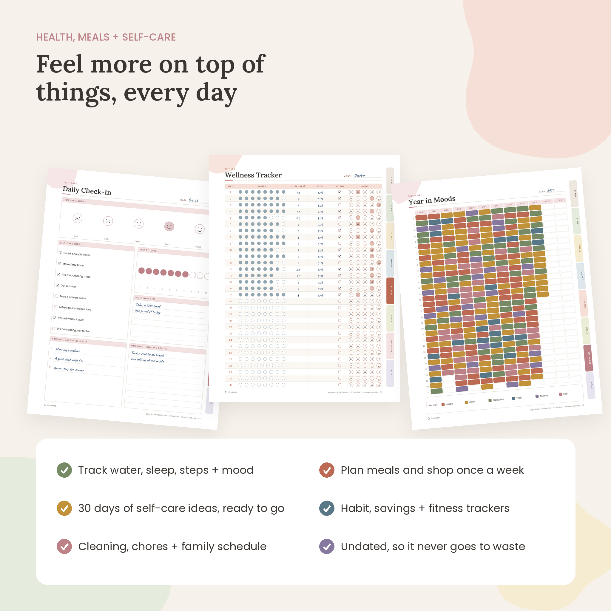 Wellness tracker, daily self-care check-in and year in moods tracker pages
