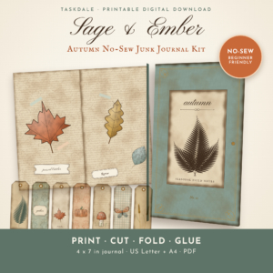 Sage and Ember autumn no-sew junk journal kit printable with cover, open spread and tags