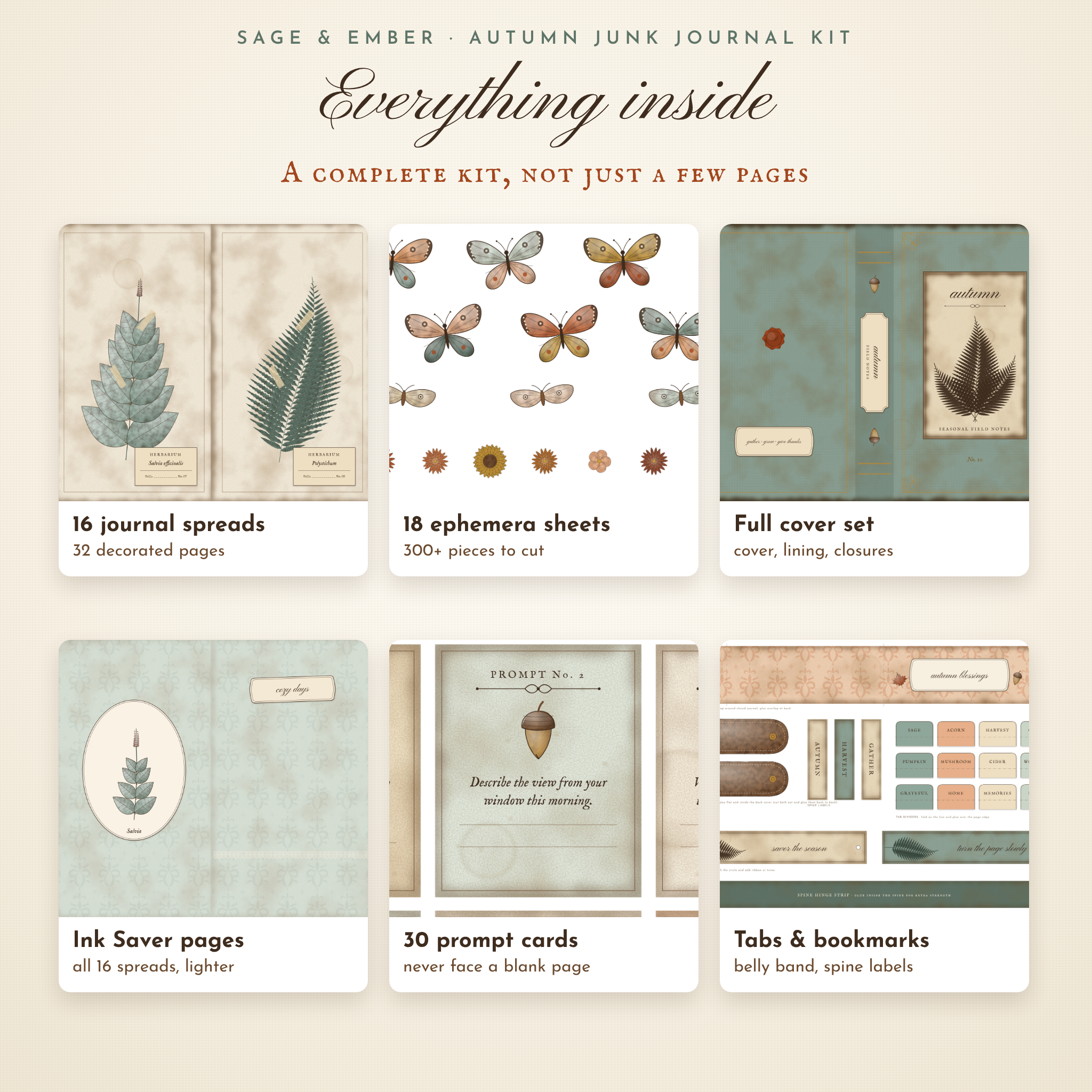What is inside the autumn junk journal kit: journal spreads, ephemera, cover set, ink saver pages, prompt cards