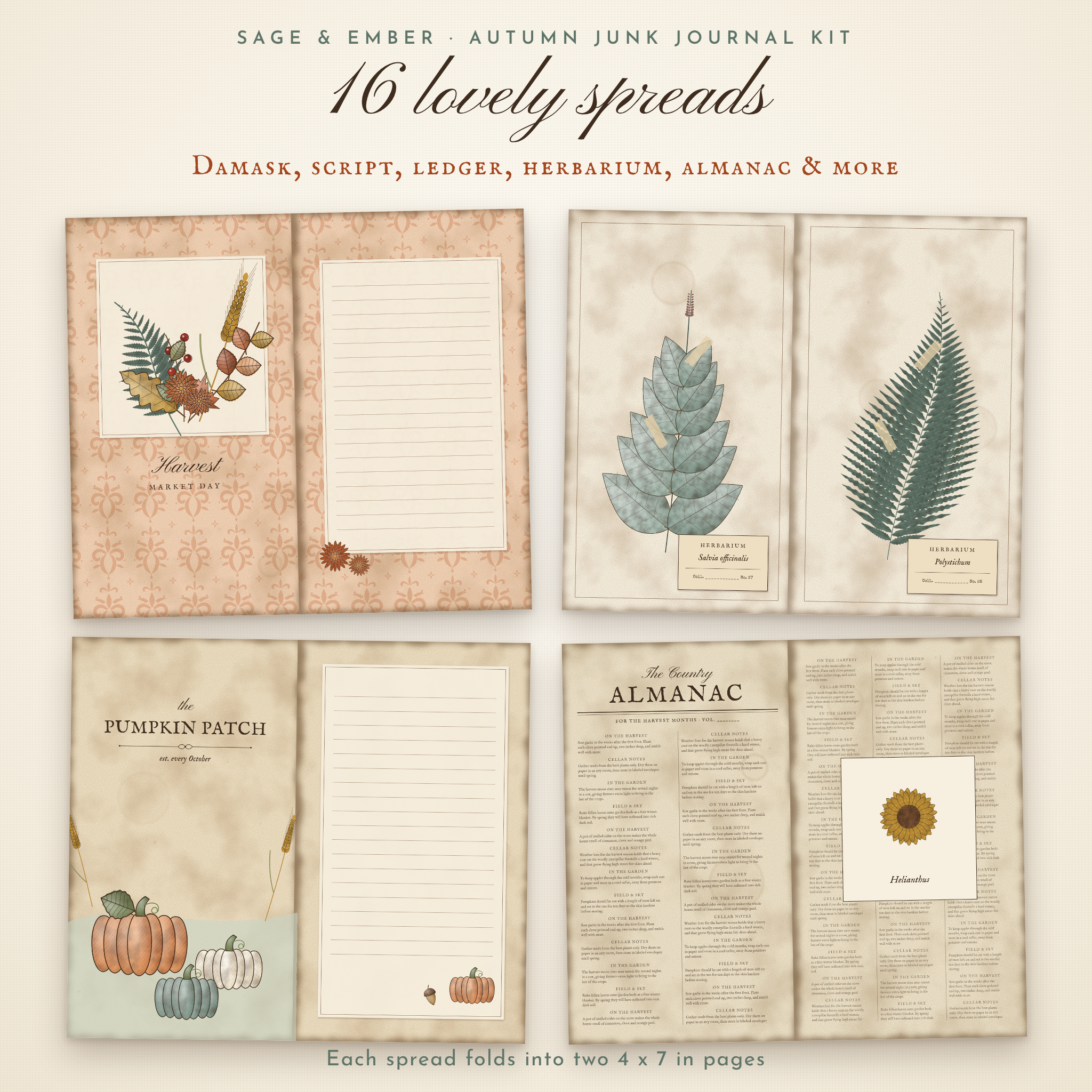 Four printable autumn junk journal spreads: peach damask, herbarium, pumpkin patch and almanac