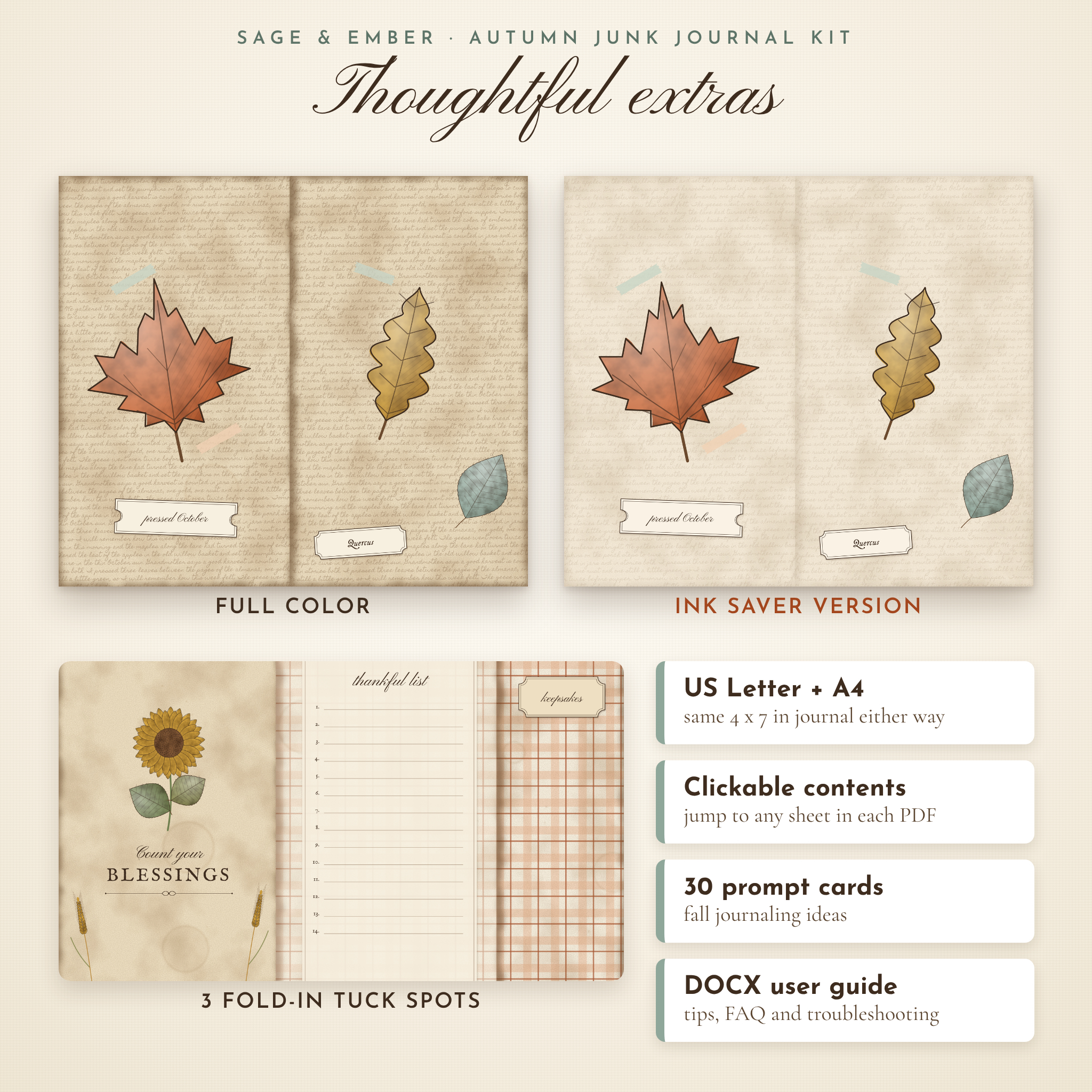 Junk journal extras: ink saver pages, fold-in tuck spots, US Letter and A4, clickable contents