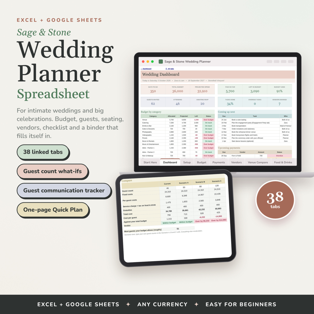 Sage and Stone wedding planner spreadsheet on laptop and tablet
