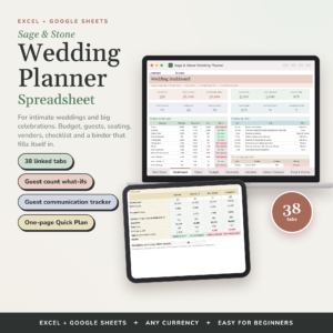 Sage and Stone wedding planner spreadsheet on laptop and tablet