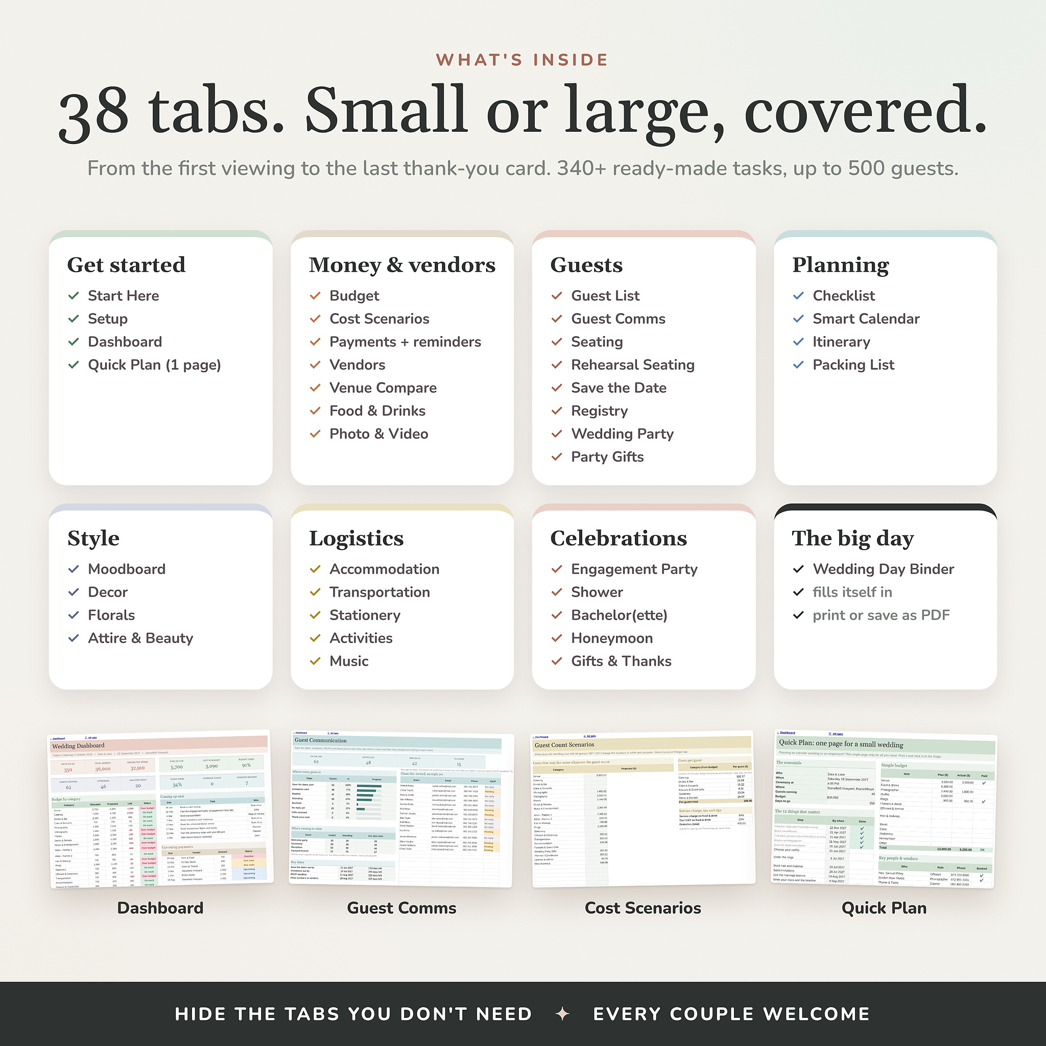 All 38 tabs in the wedding planner spreadsheet
