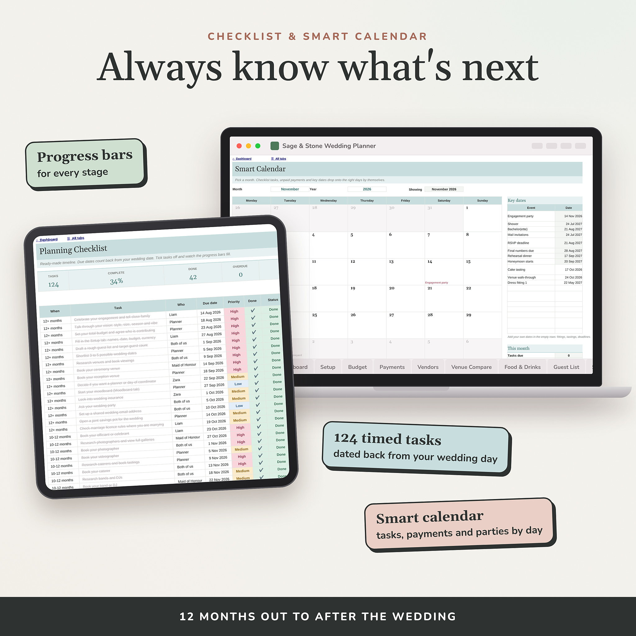 Wedding checklist and smart calendar