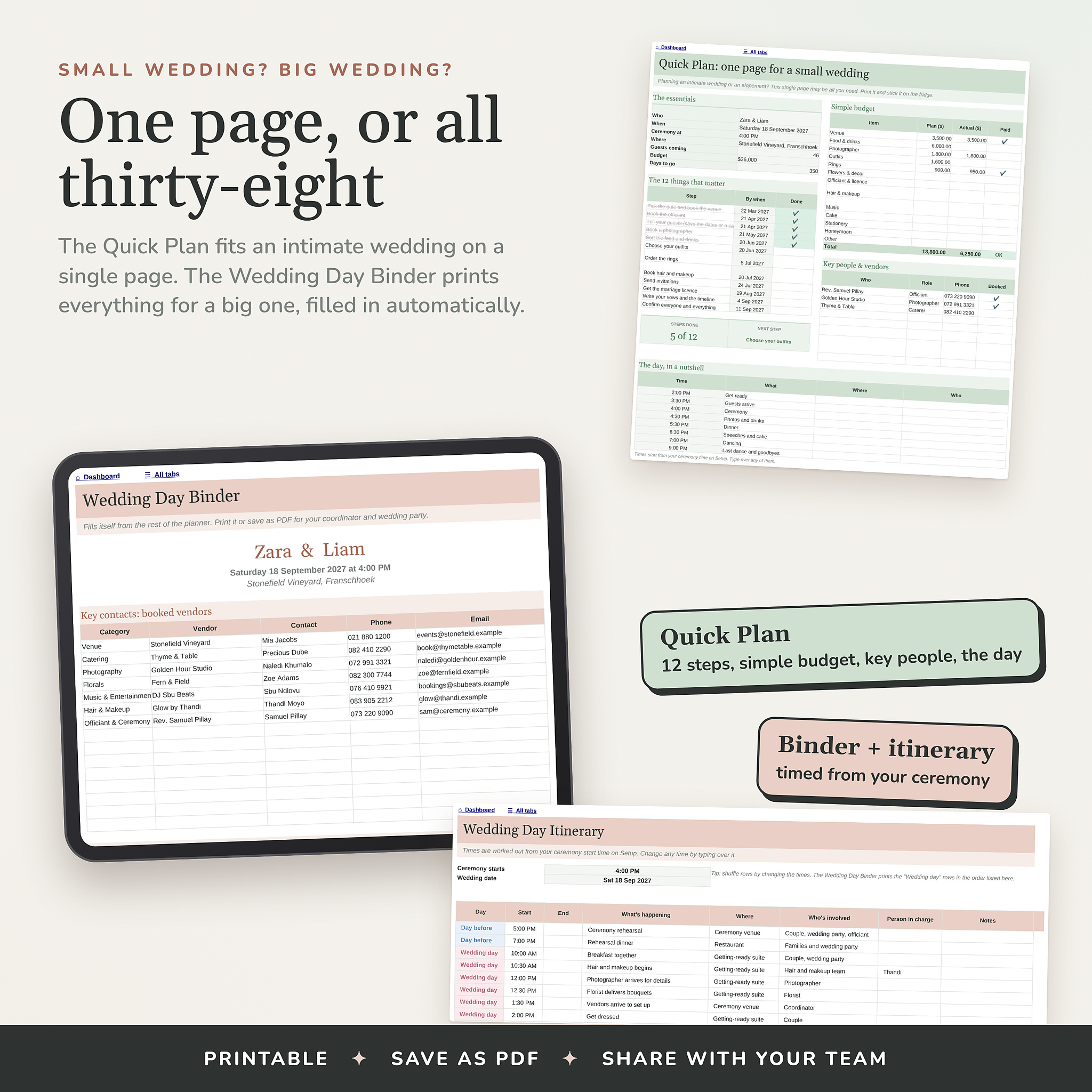 One-page Quick Plan for small weddings and the printable wedding day binder