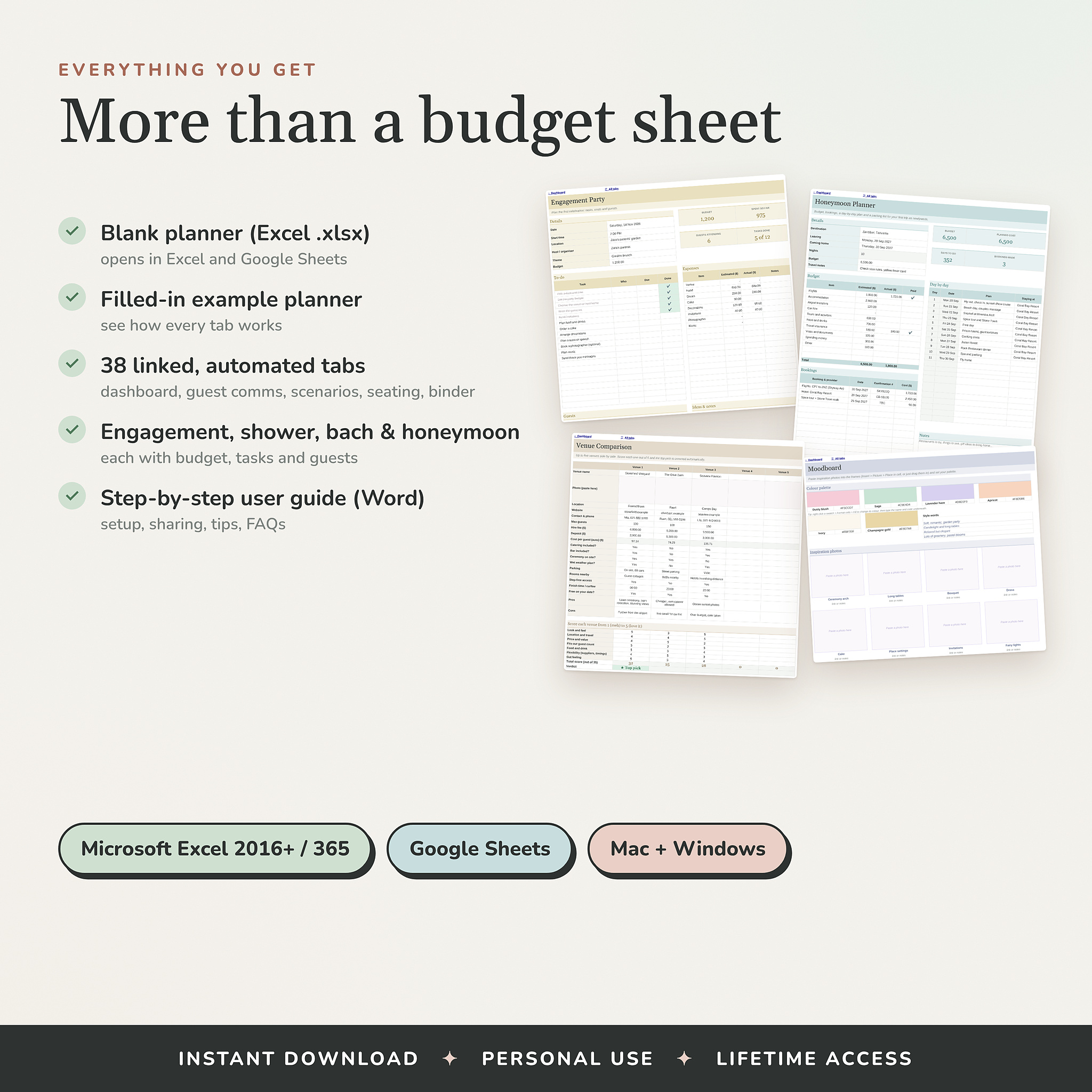 Everything included: Excel and Google Sheets wedding planner