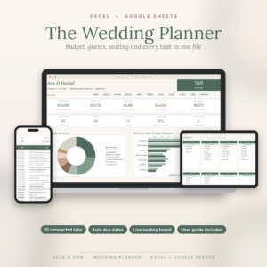 Sage & Vow Wedding Planner spreadsheet shown on laptop, tablet and phone