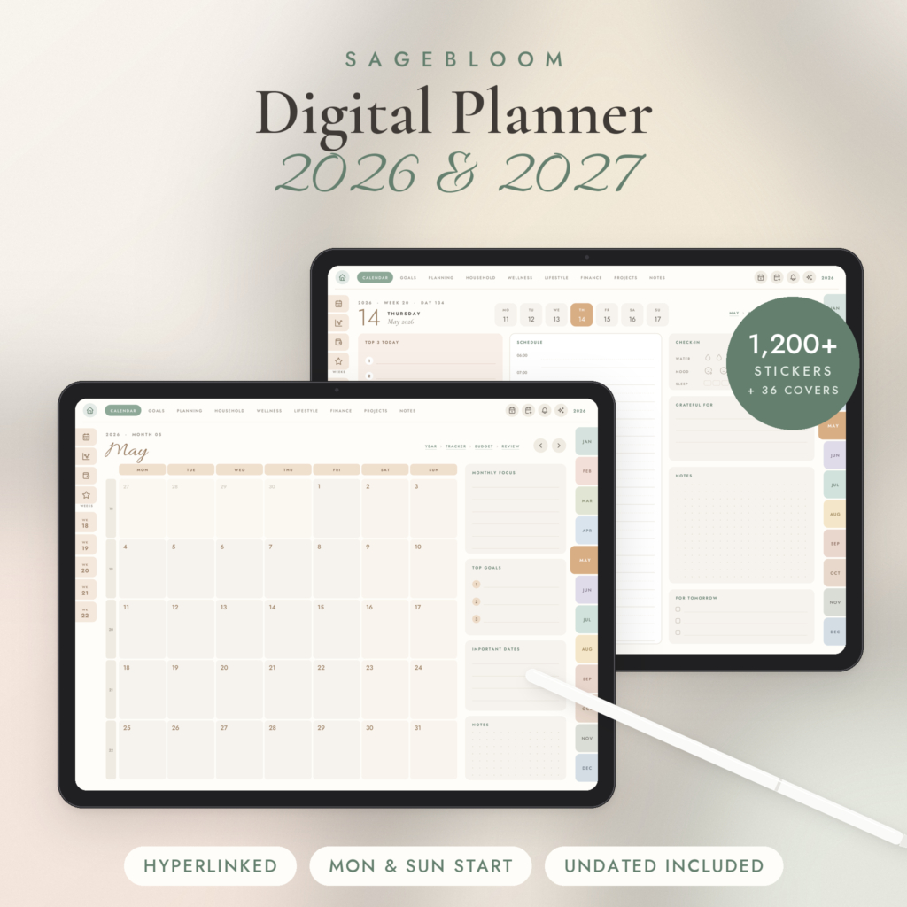 Digital Planner 2026 2027, Hyperlinked iPad & Android