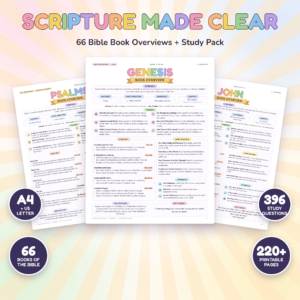 Scripture Made Clear Bible book overviews printable showing Genesis, Psalms and John pages
