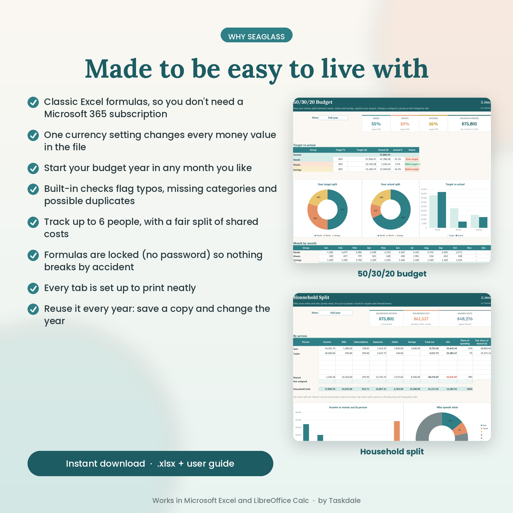 Seaglass Budget Planner annual budget spreadsheet for Excel