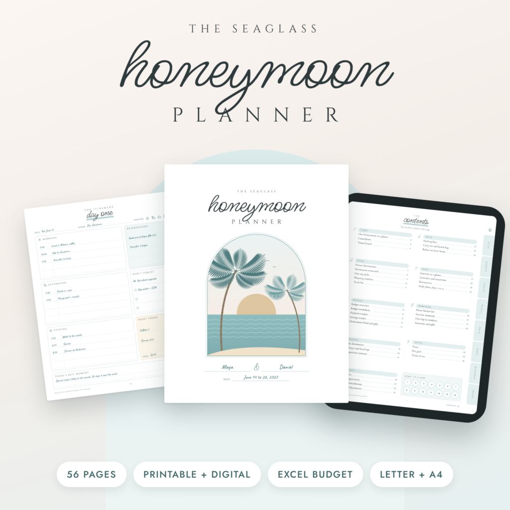 Seaglass Honeymoon Planner printable and digital with Excel budget