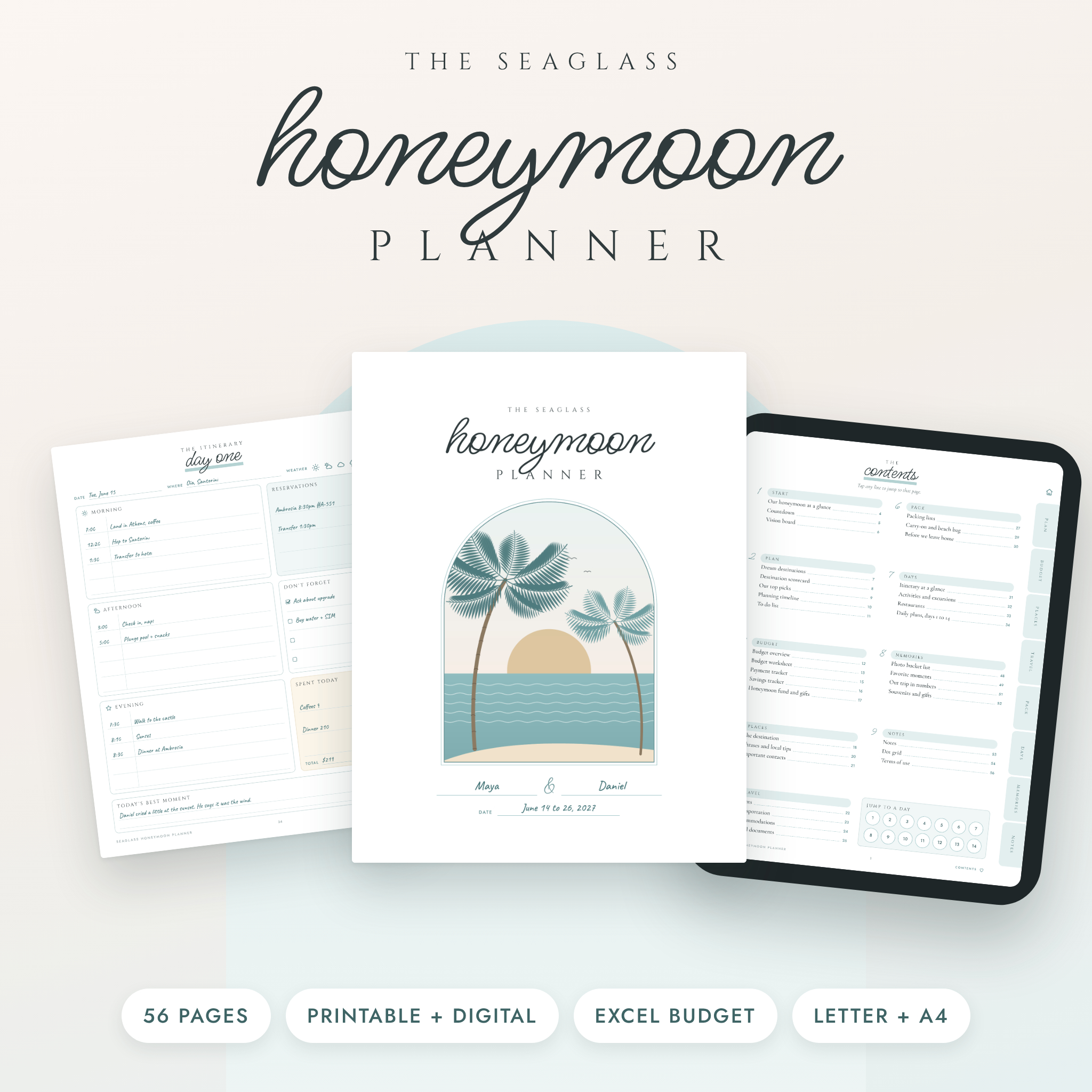 Seaglass Honeymoon Planner printable and digital with Excel budget