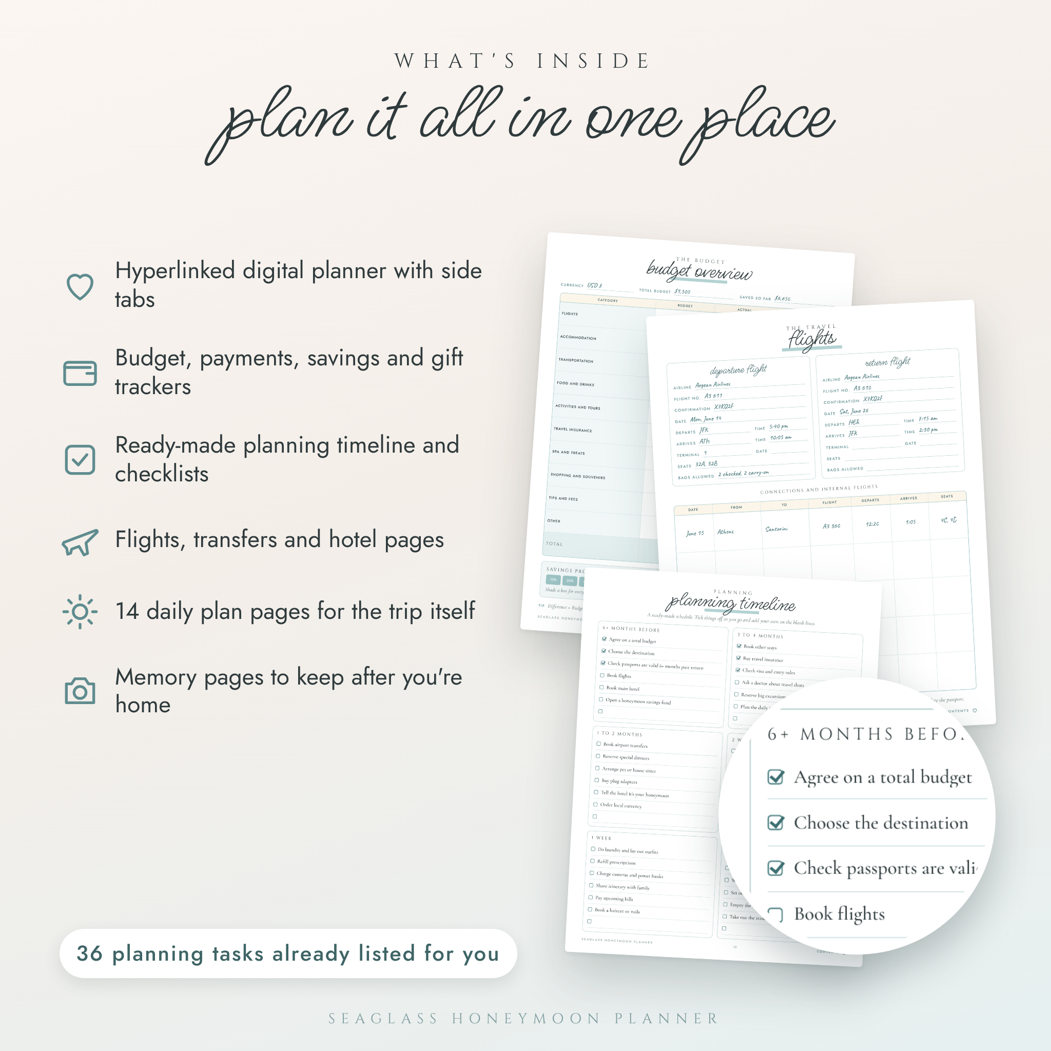 Honeymoon planner features: budget, flights, timeline and checklists