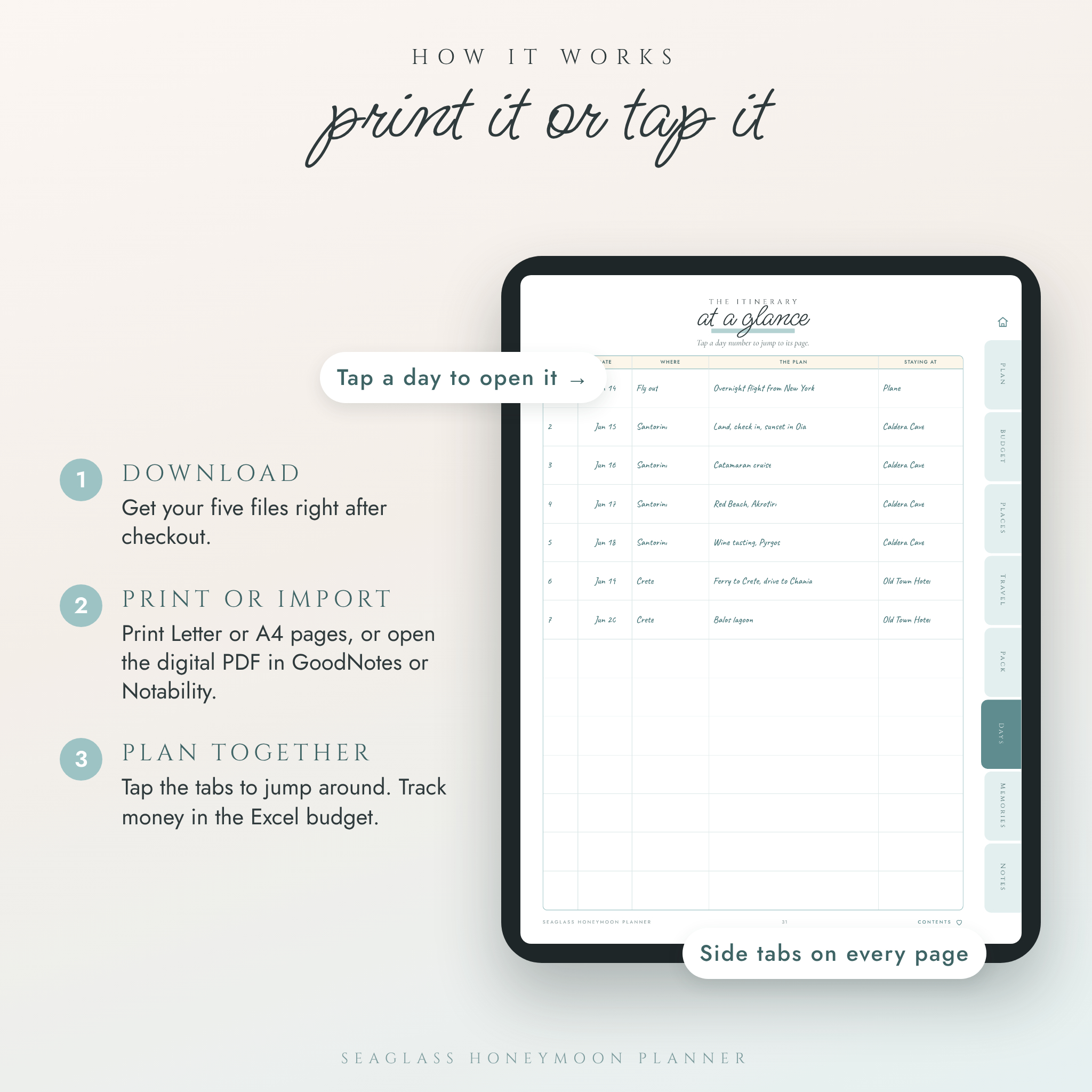 Hyperlinked digital honeymoon planner on a tablet